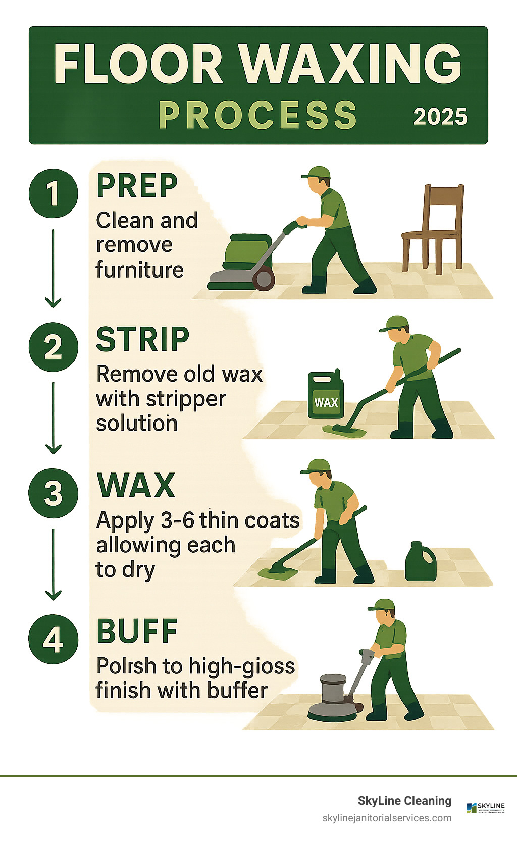 Infographic showing the 4 main steps of floor waxing process: 1. Prep - Clean and remove furniture, 2. Strip - Remove old wax with stripper solution, 3. Wax - Apply 3-6 thin coats allowing each to dry, 4. Buff - Polish to high-gloss finish with buffer - floor waxing infographic 