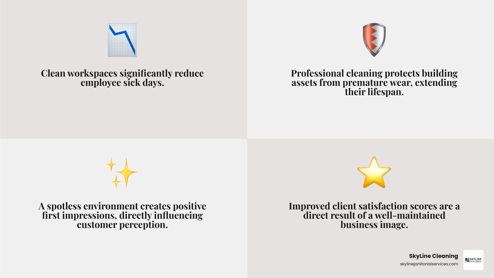 Infographic showing the comprehensive impact of professional commercial cleaning services on employee health metrics, asset longevity statistics, and business reputation factors including reduced sick days, extended equipment lifespan, and improved client satisfaction scores - commercial building cleaning companies infographic 4_facts_emoji_grey Infographic showing the comprehensive impact of professional commercial cleaning services on employee health metrics, asset longevity statistics, and business reputation factors including reduced sick days, extended equipment lifespan, and improved client satisfaction scores - commercial building cleaning companies infographic 4_facts_emoji_grey