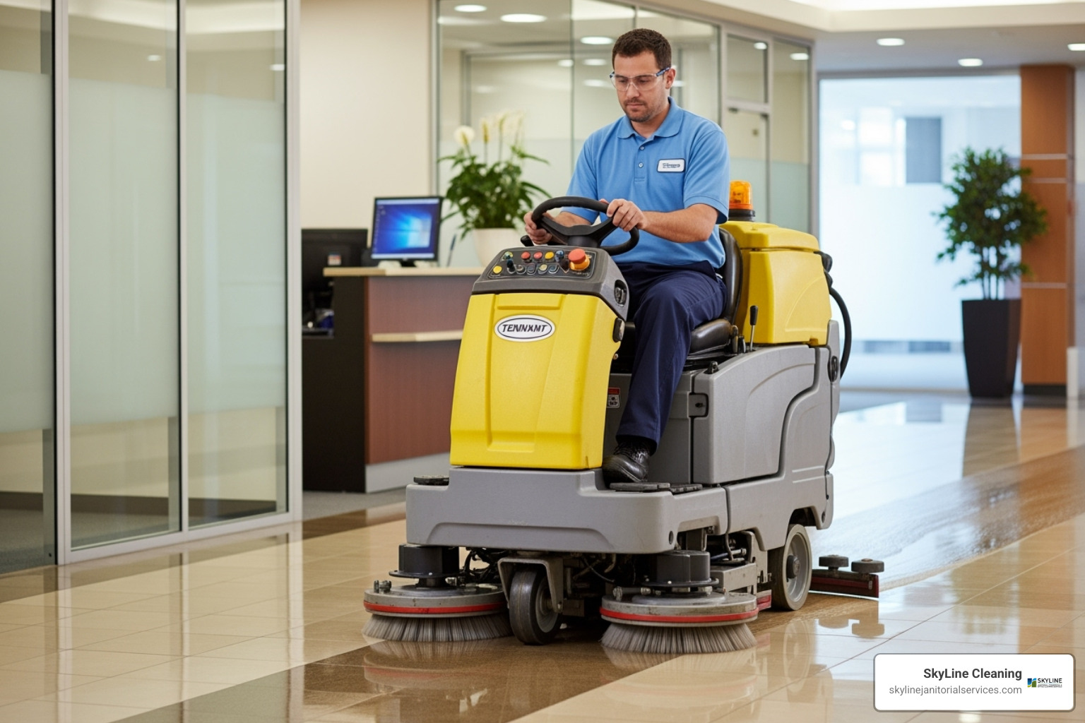 janitorial professional using a commercial floor scrubber - deep clean janitorial services janitorial professional using a commercial floor scrubber - deep clean janitorial services