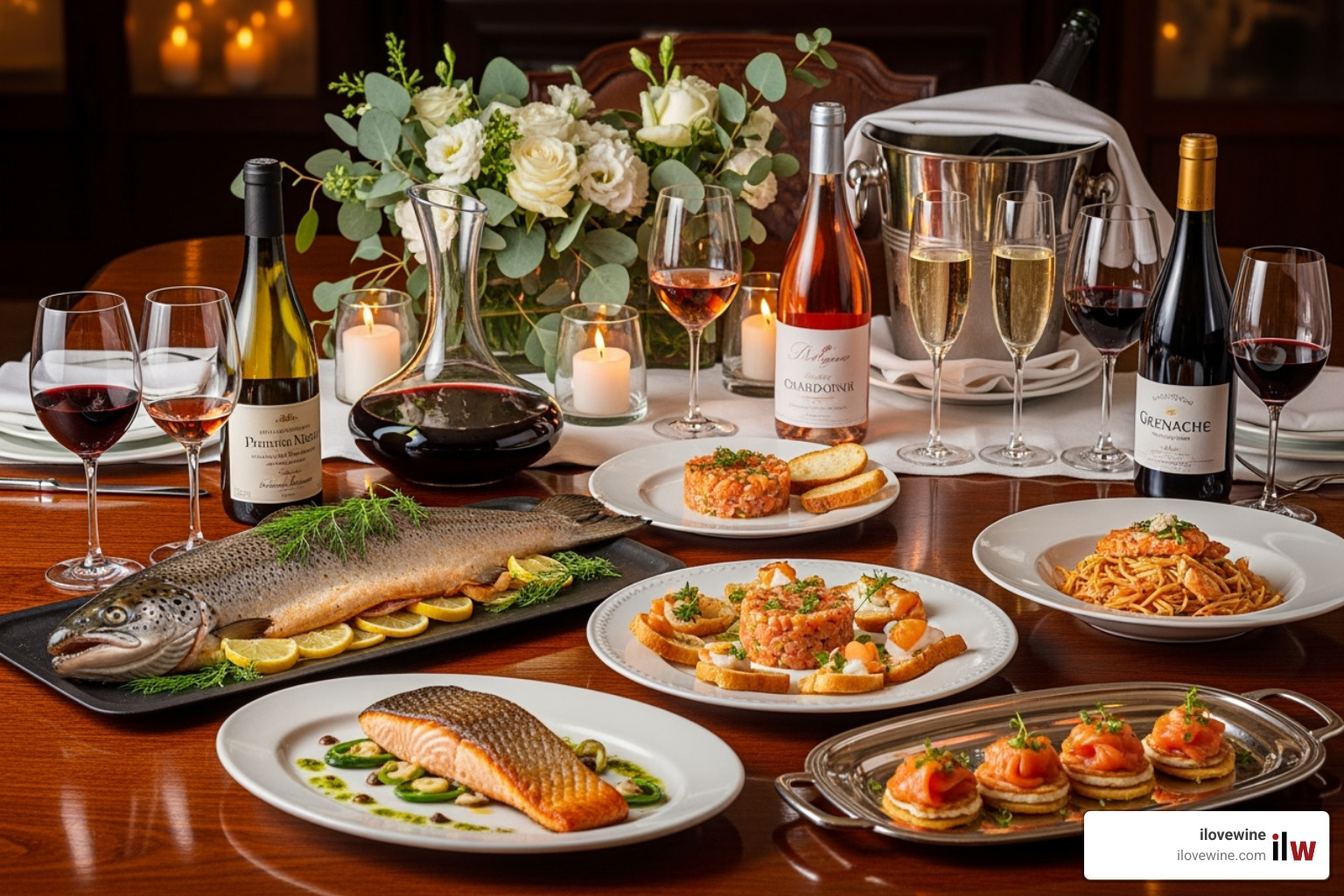 A table laden with various salmon dishes, each accompanied by a different style of wine in appropriate glassware - wine pairing salmon