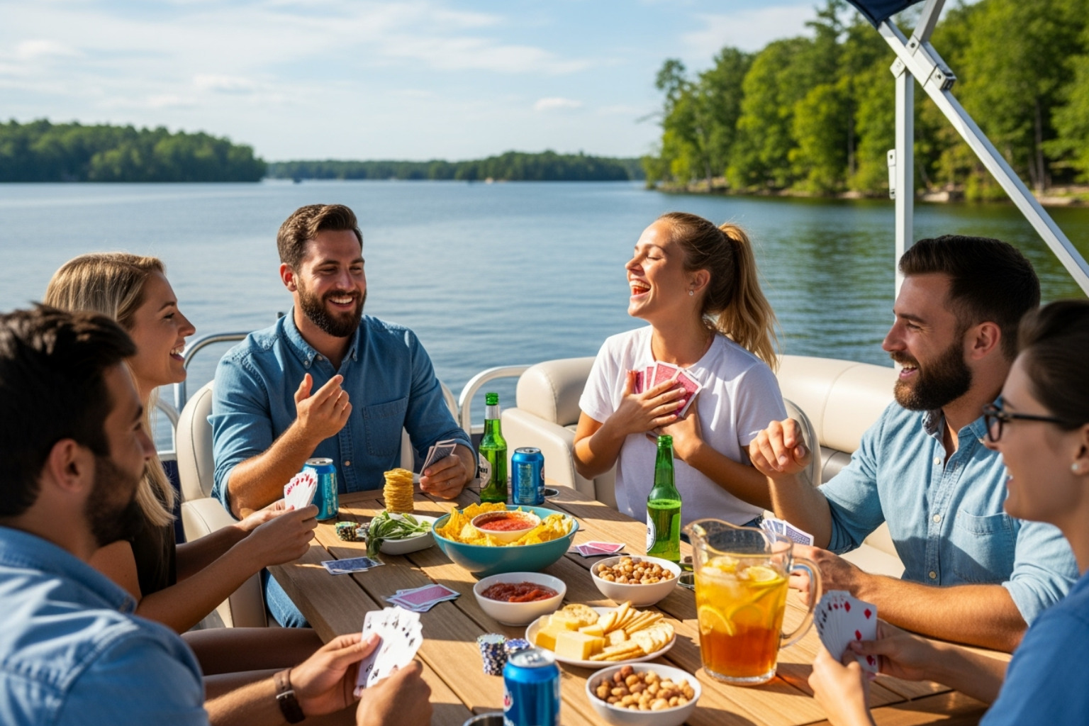 Friends playing a card game on a pontoon boat table, with snacks and drinks - Fun for friends?