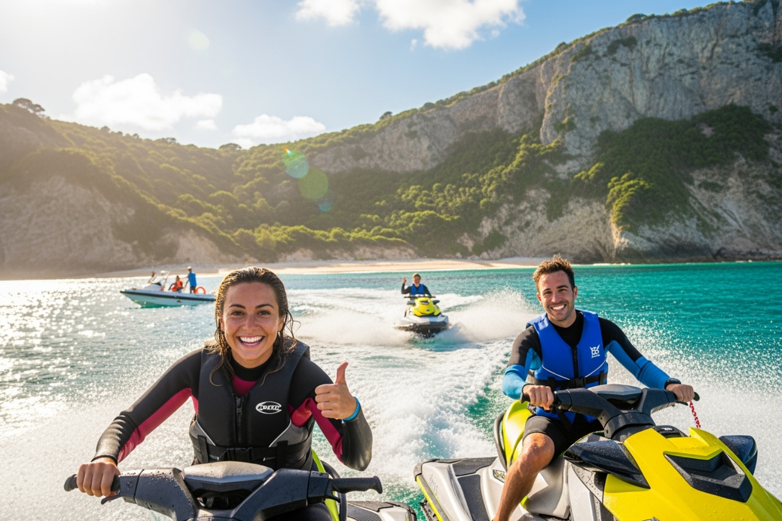 Two friends giving a thumbs-up while on a guided jet ski tour near South Stradbroke Island - Fun for friends?