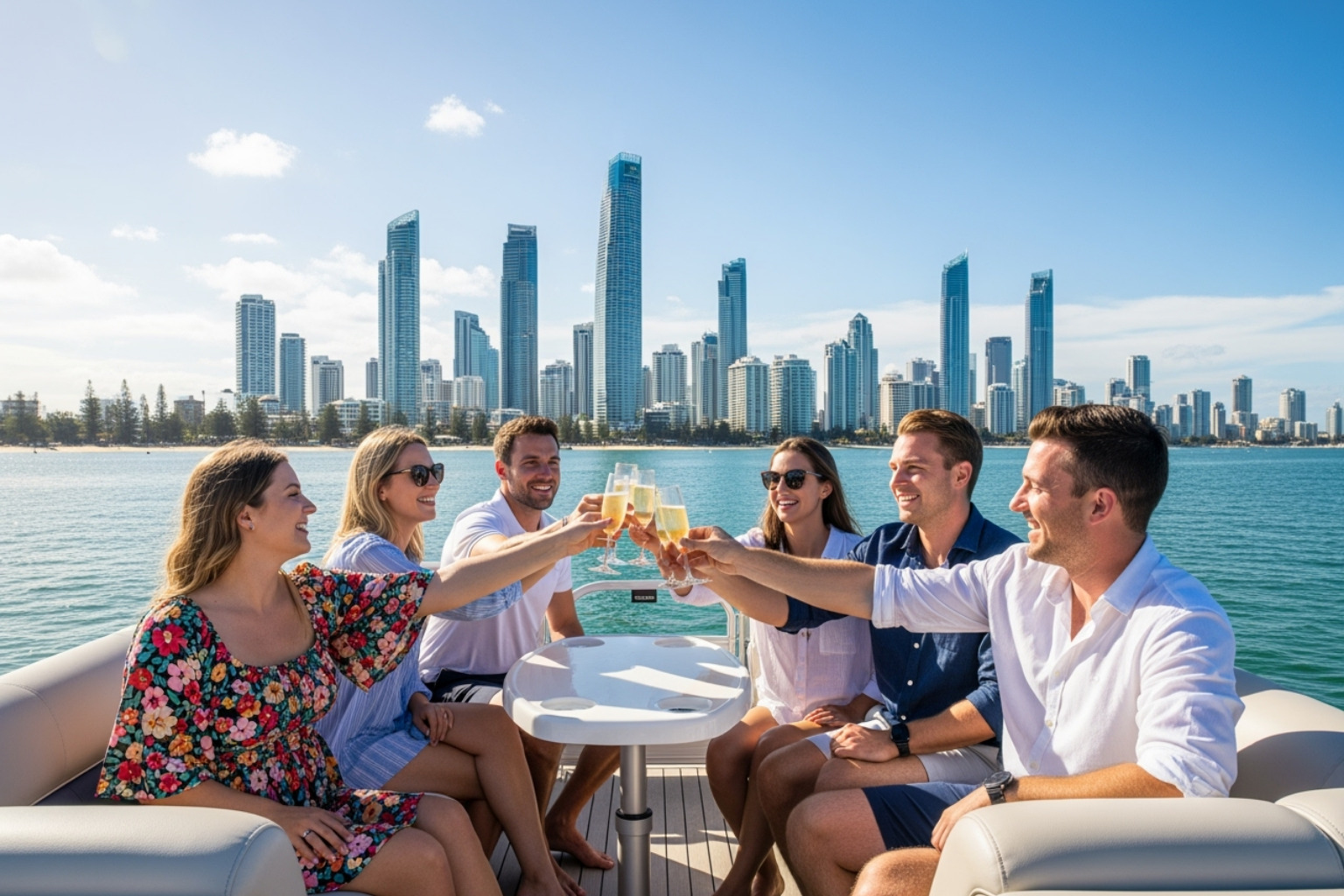 Group of friends raising a toast on a pontoon with the Surfers Paradise skyline in the background - Pontoon Gold Coast