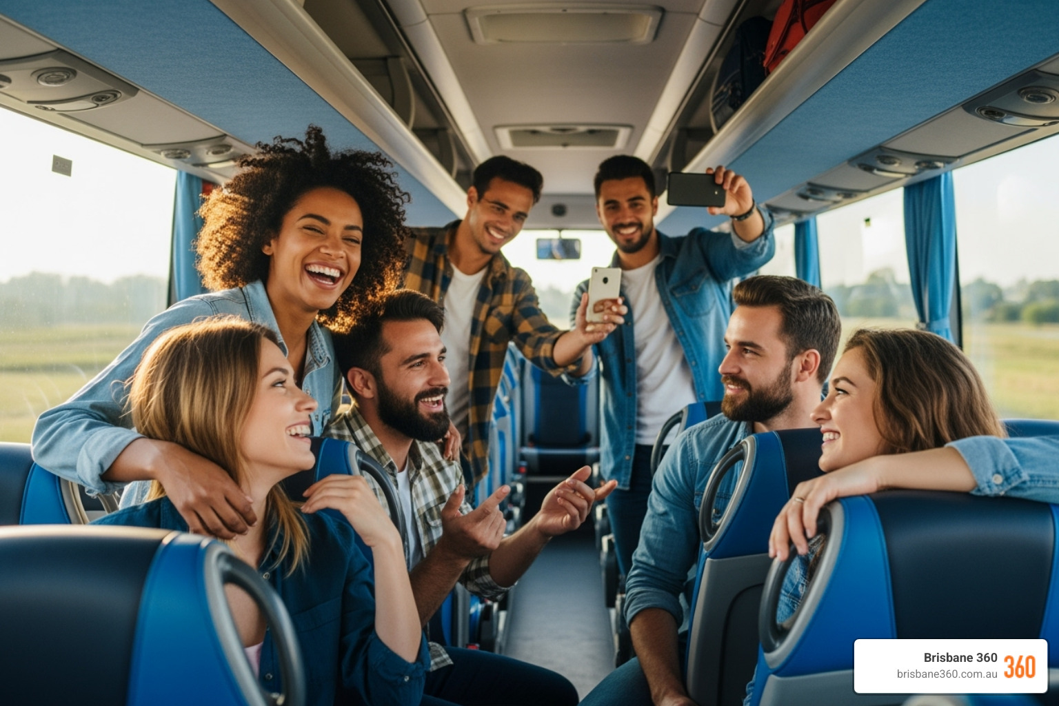 Happy group of friends on a modern, clean bus, smiling and enjoying the journey. - rent a bus and driver near me