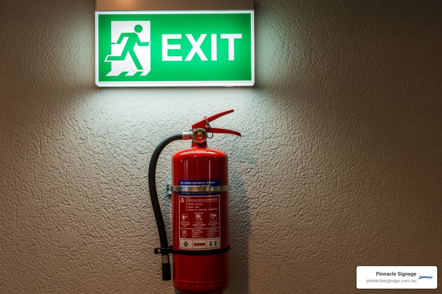 Emergency exit sign and fire extinguisher sign - safety signage Australia Emergency exit sign and fire extinguisher sign - safety signage Australia