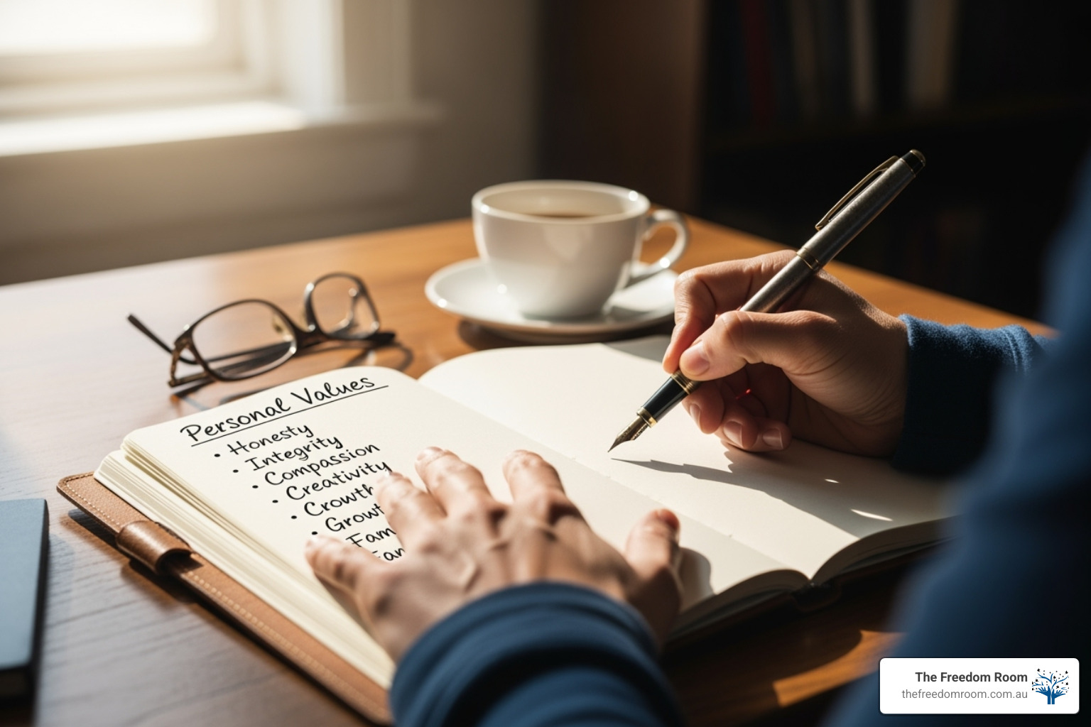 Image of a person journaling with a list of values next to them - act values