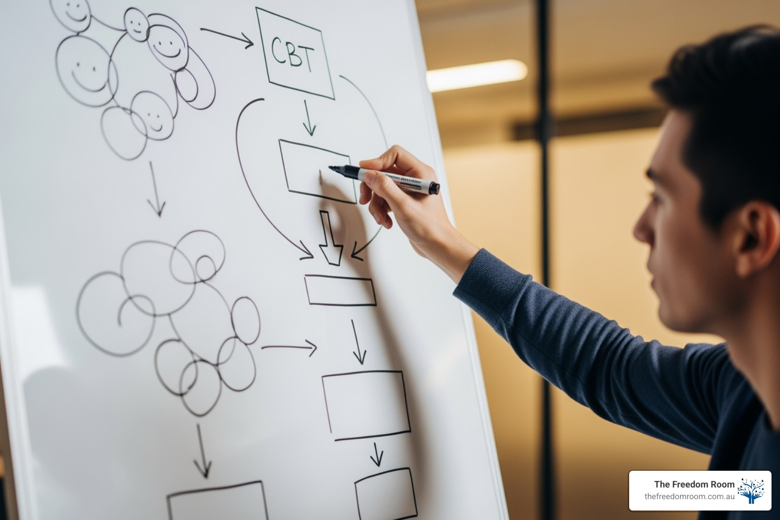 whiteboard with diagrams illustrating different therapy models like CBT - group therapy for addiction