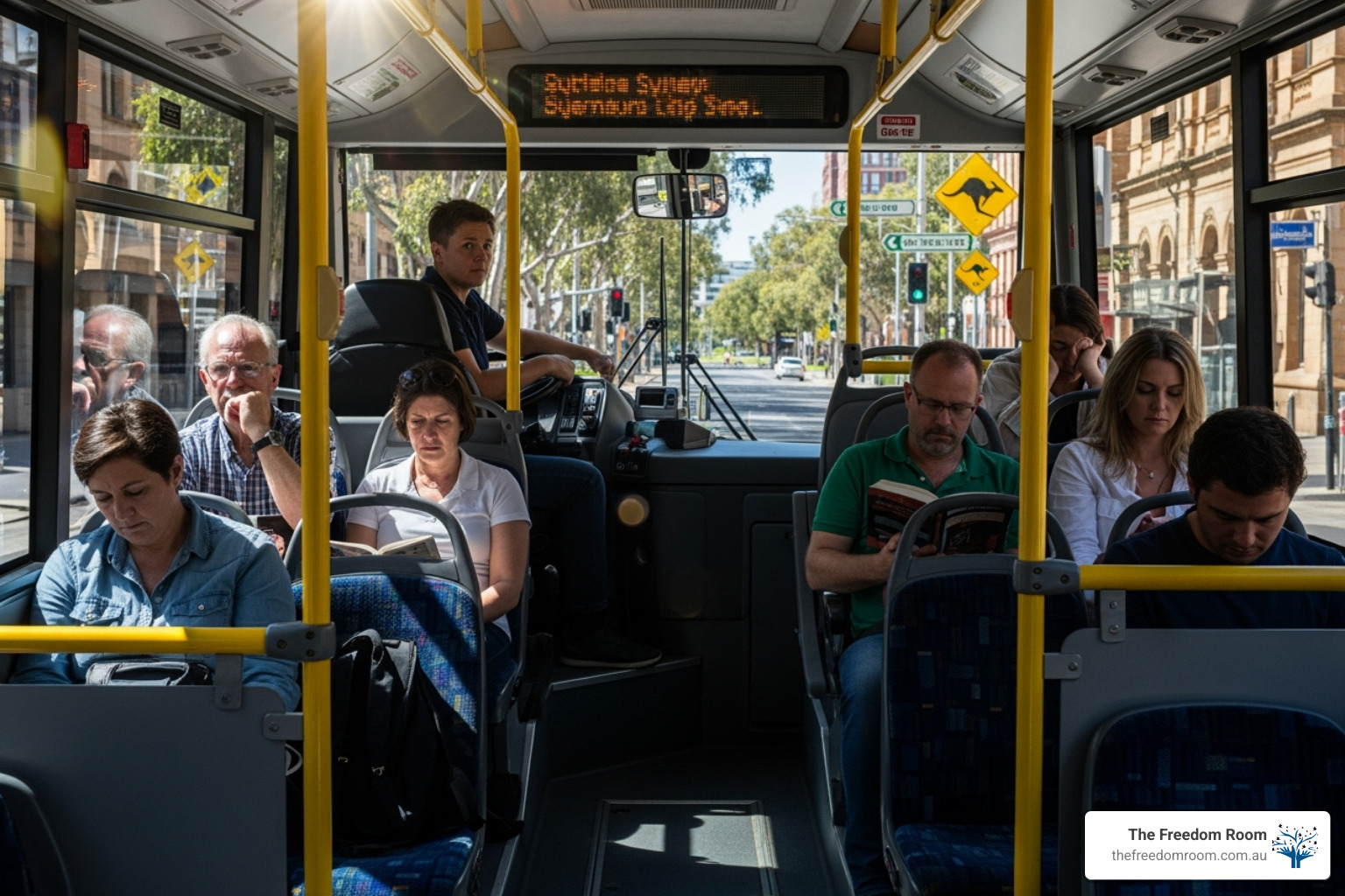 Image illustrating the 'Passengers on the Bus' metaphor, with a bus driver (representing self) at the wheel, and various "passengers" (representing thoughts/feelings) in the seats, set in an Australian urban scene - act interventions