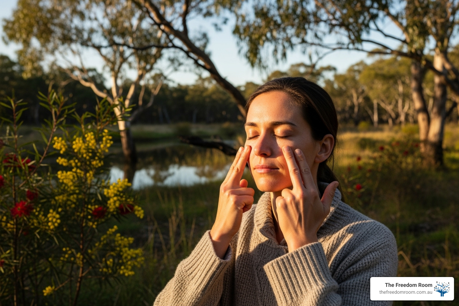 A person gently tapping on acupressure points on their face, representing Emotional Freedom Techniques (EFT) for emotional regulation in recovery - mindfulness and act