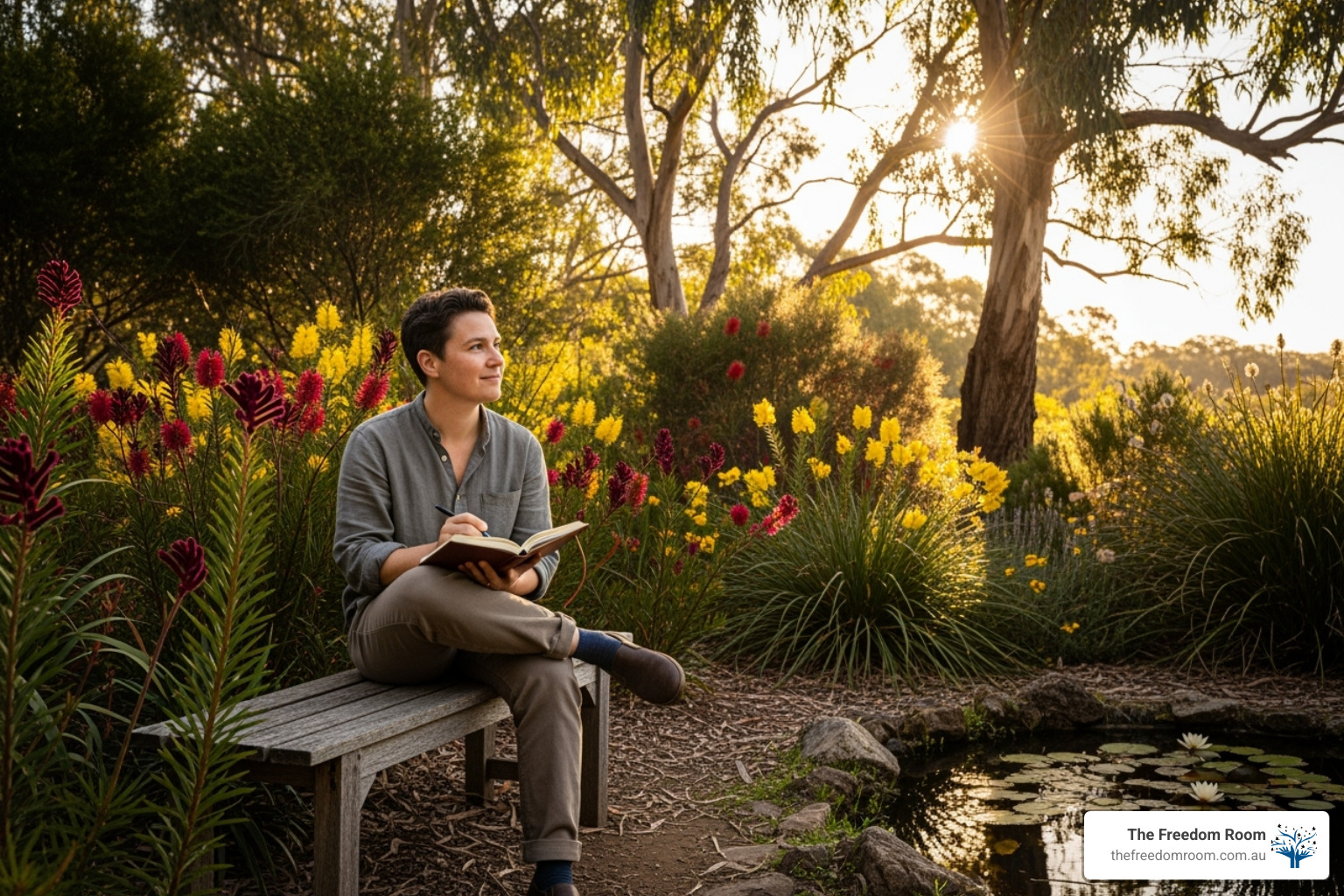 A person journaling reflectively in a peaceful Australian garden, focusing on personal growth and recovery - mindfulness and act