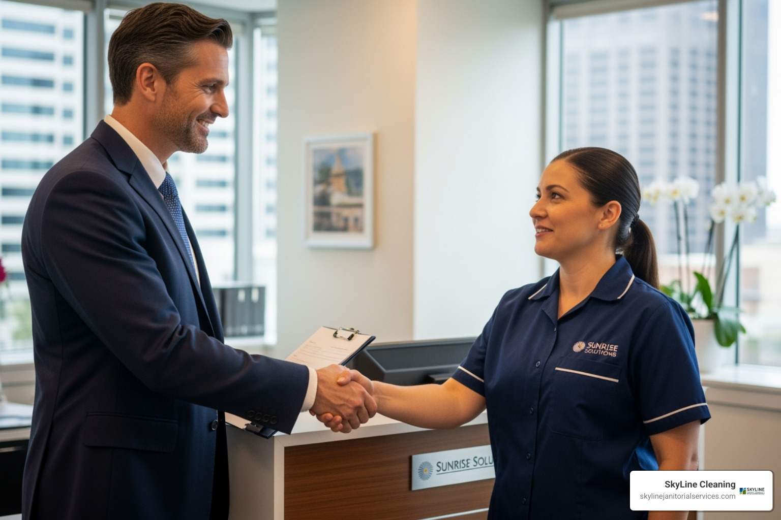 business owner shaking hands with janitorial manager - fresh and clean commercial janitorial