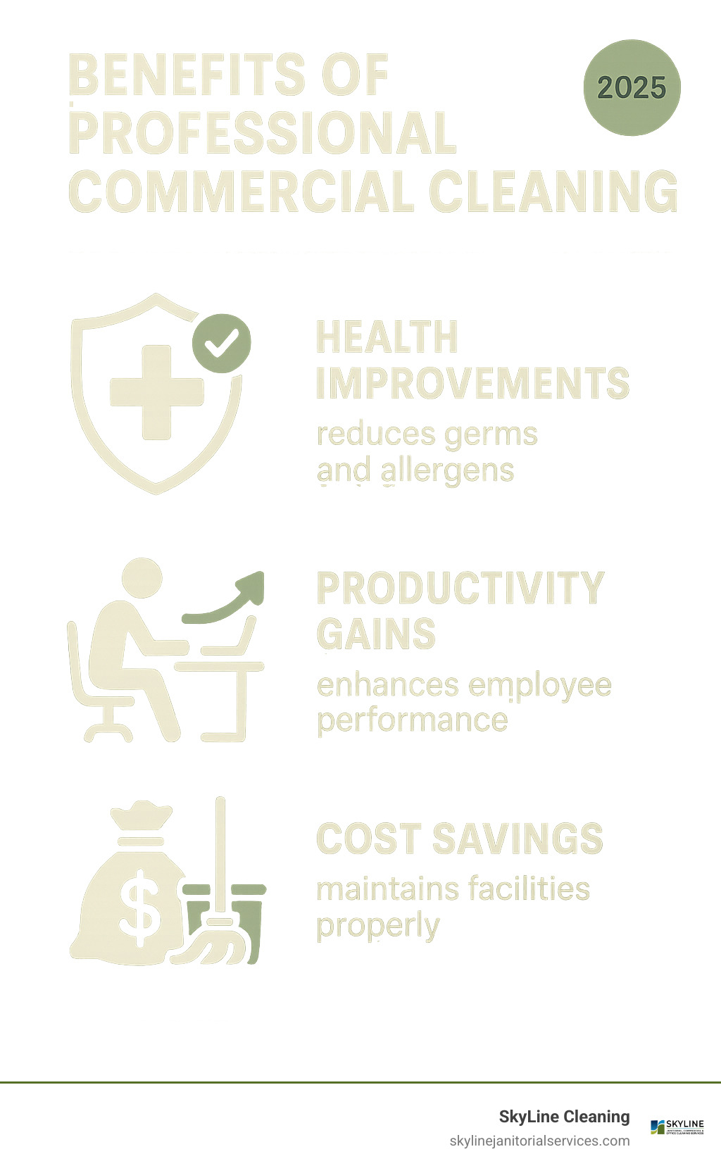 Benefits of professional commercial cleaning including health improvements, productivity gains, and cost savings through proper facility maintenance - fresh and clean commercial janitorial infographic 