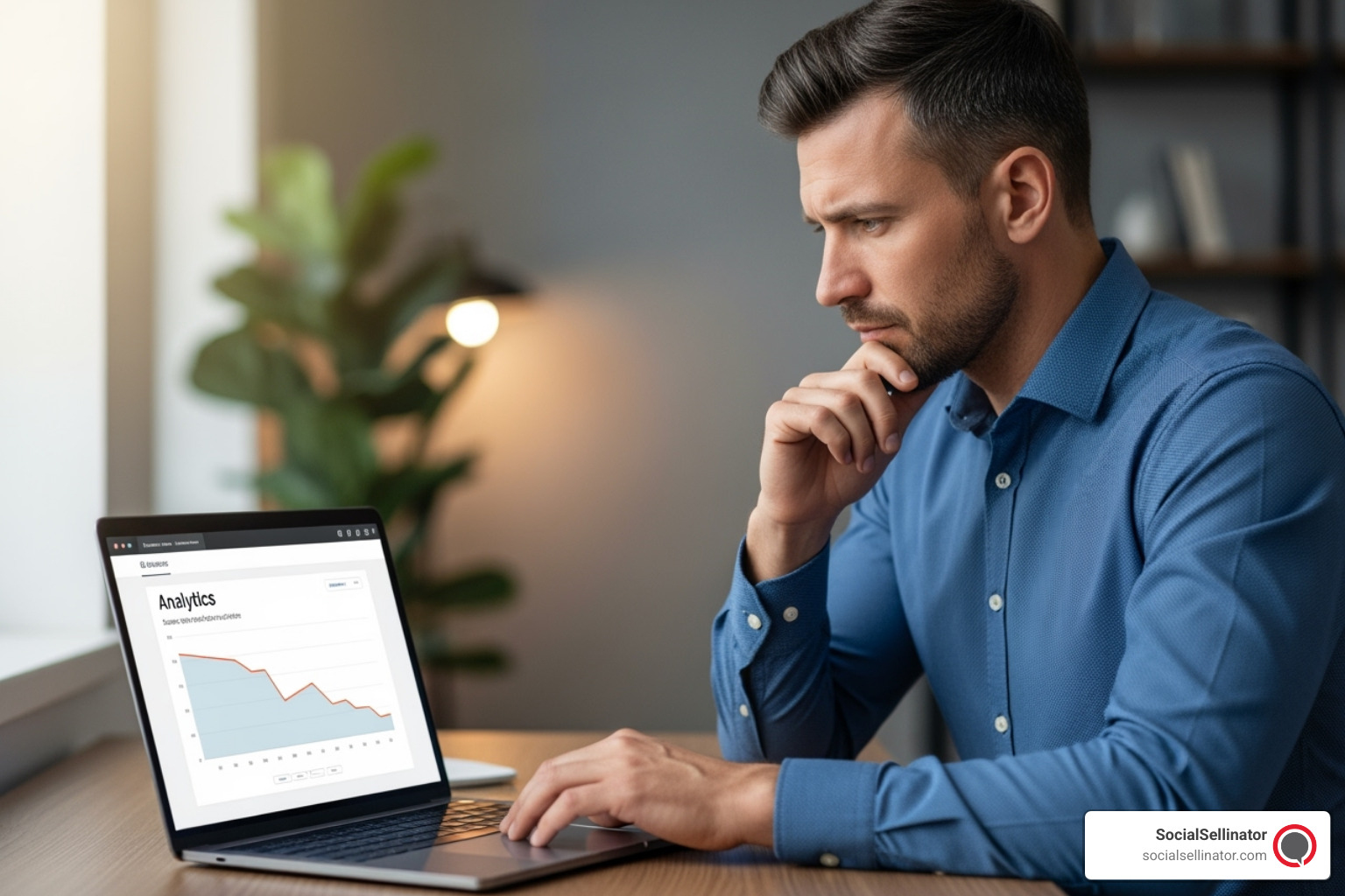 Business owner looking thoughtfully at a laptop displaying a flat-lined traffic graph - SEO strategy consulting