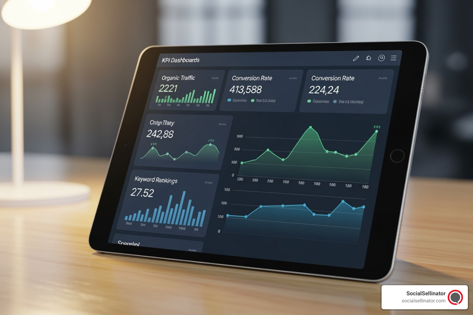 Clean, modern dashboard on a tablet showing key performance indicators like organic traffic, conversion rate, and keyword rankings - SEO strategy consulting