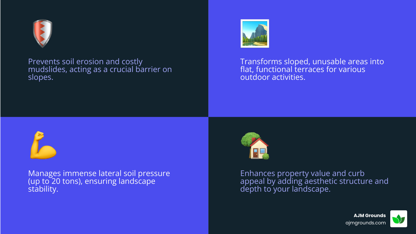 infographic explaining the basic functions of a retaining wall - retaining wall installation near me infographic 4_facts_emoji_blue