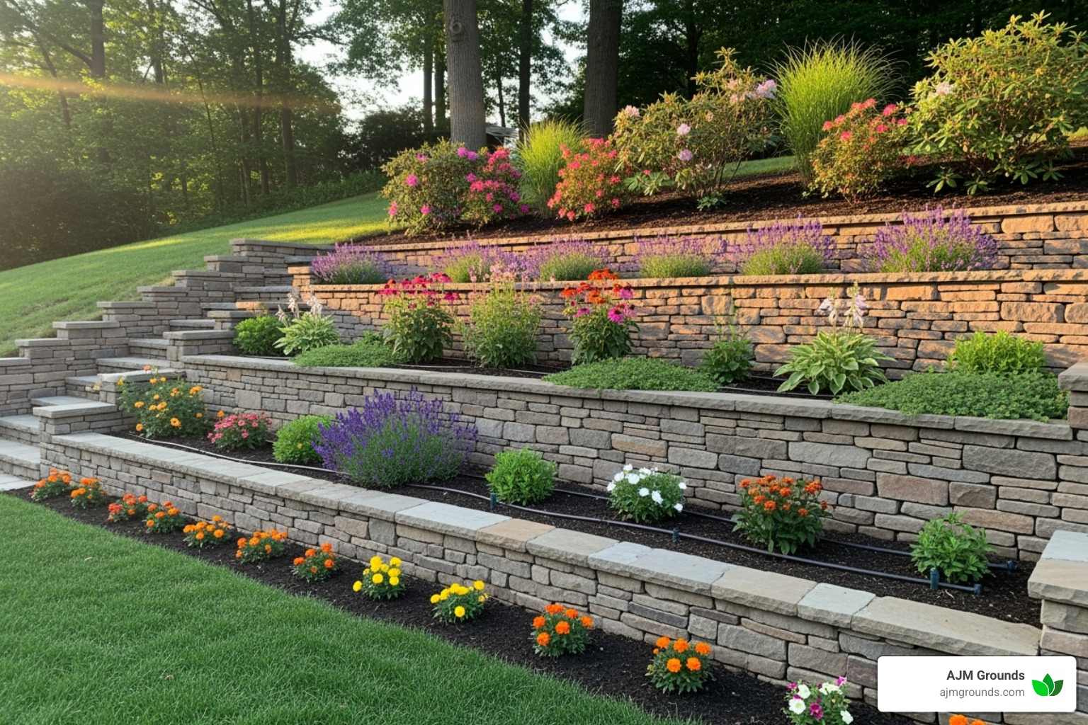 beautifully installed retaining wall in a sloped backyard - retaining wall installation near me
