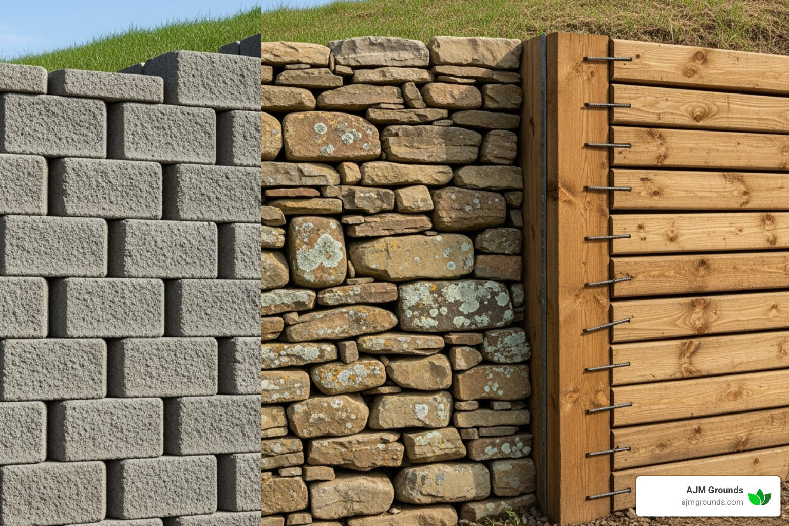 different materials like concrete blocks, natural stone, and wood - retaining wall installation near me