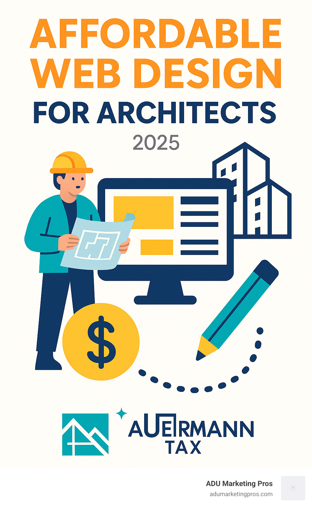 Infographic showing the step-by-step process for architects to get affordable, high-quality web design: 1) Define your goals and target audience, 2) Choose between template-based or custom design, 3) Gather high-quality project photos and content, 4) Work with a specialized web design partner, 5) Focus on mobile responsiveness and SEO, 6) Launch and monitor performance - affordable web design for architect infographic 