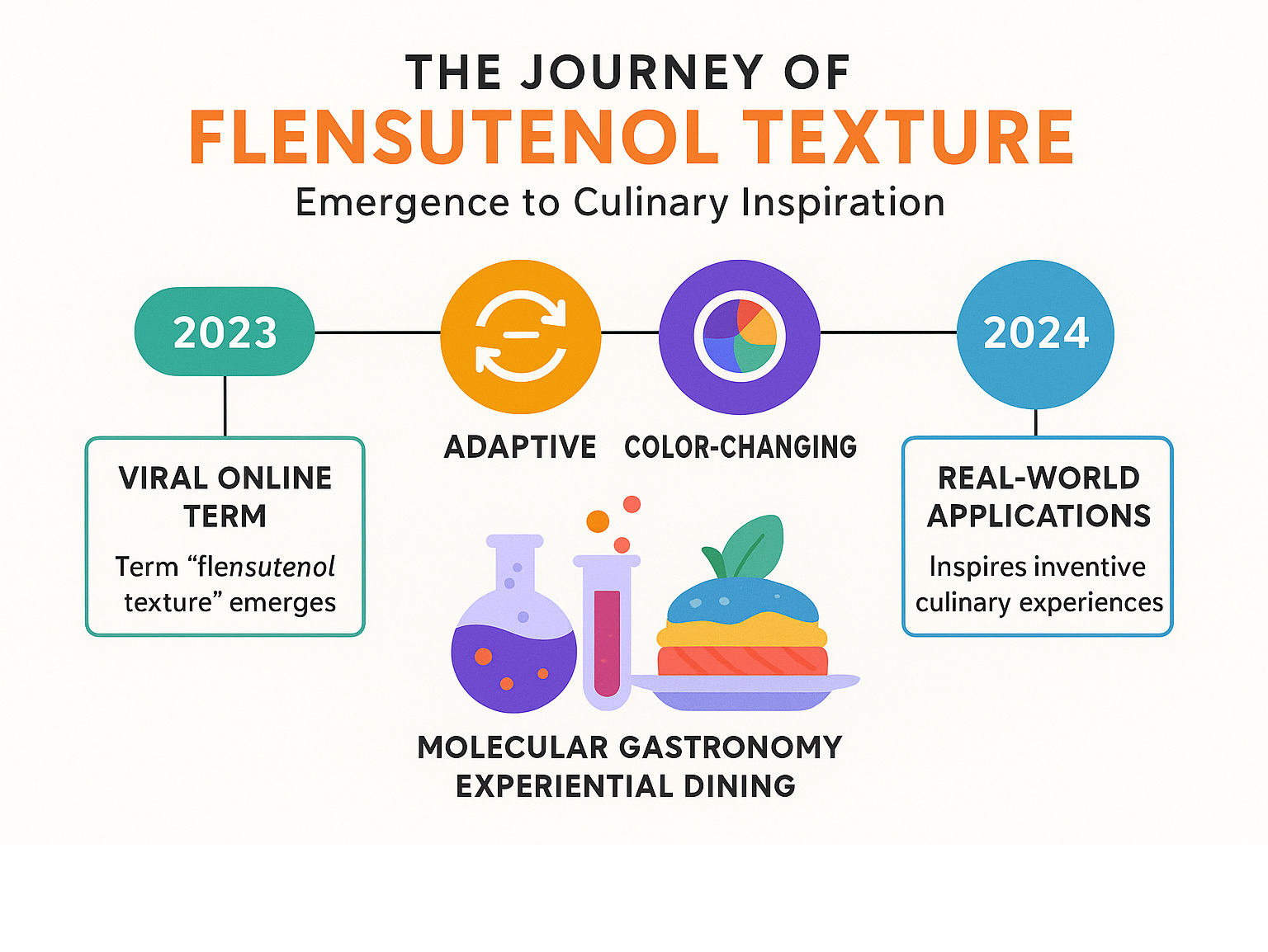Infographic showing the journey from flensutenol texture as a viral online term in 2023 to its adoption as inspiration for innovative culinary experiences, featuring timeline of emergence, characteristics claimed (adaptive, color-changing, temperature-responsive), and real-world applications in molecular gastronomy and experiential dining - flensutenol texture infographic 