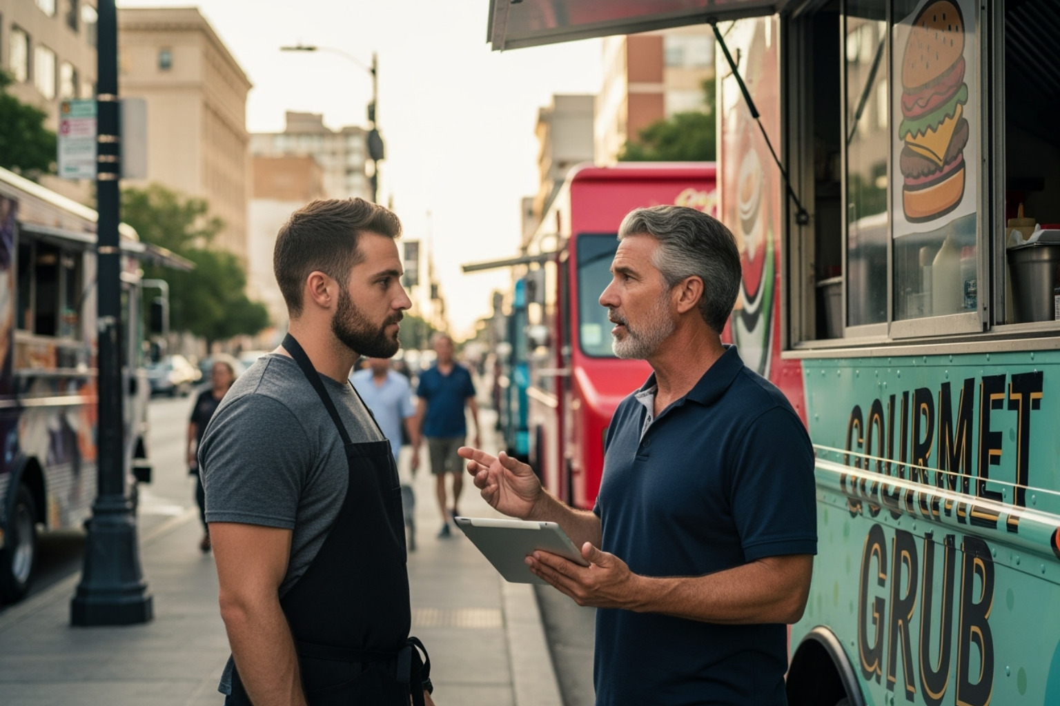 A food truck owner discussing plans with a mentor - commerce advice onpresscapital