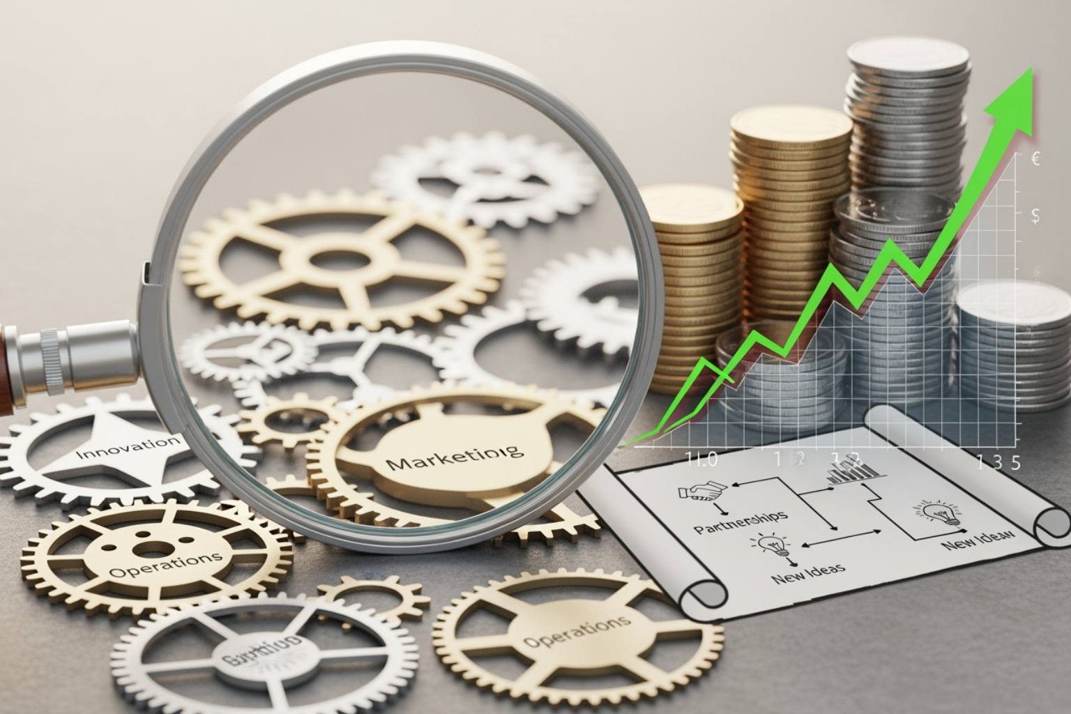 A magnifying glass over the words "Strategy" and "Funding" - commerce advice onpresscapital