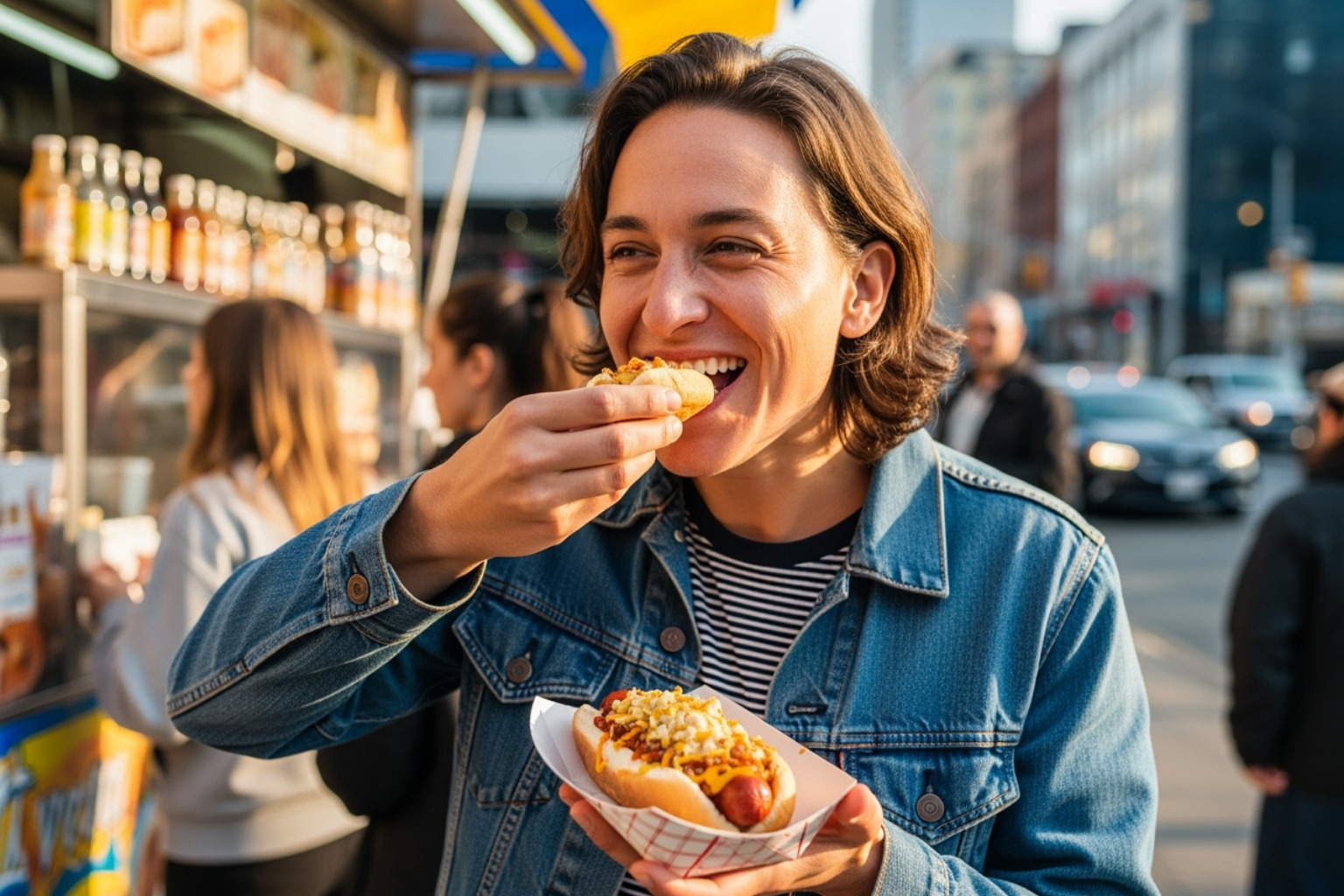 A person happily eating street food from a stall - competitive edge theserpentrogue