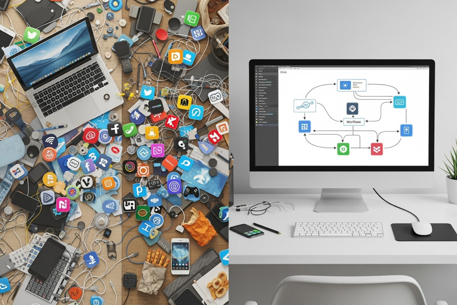 cluttered desk with multiple software logos versus a clean, integrated workflow diagram - latest online tool guide zardgadjets