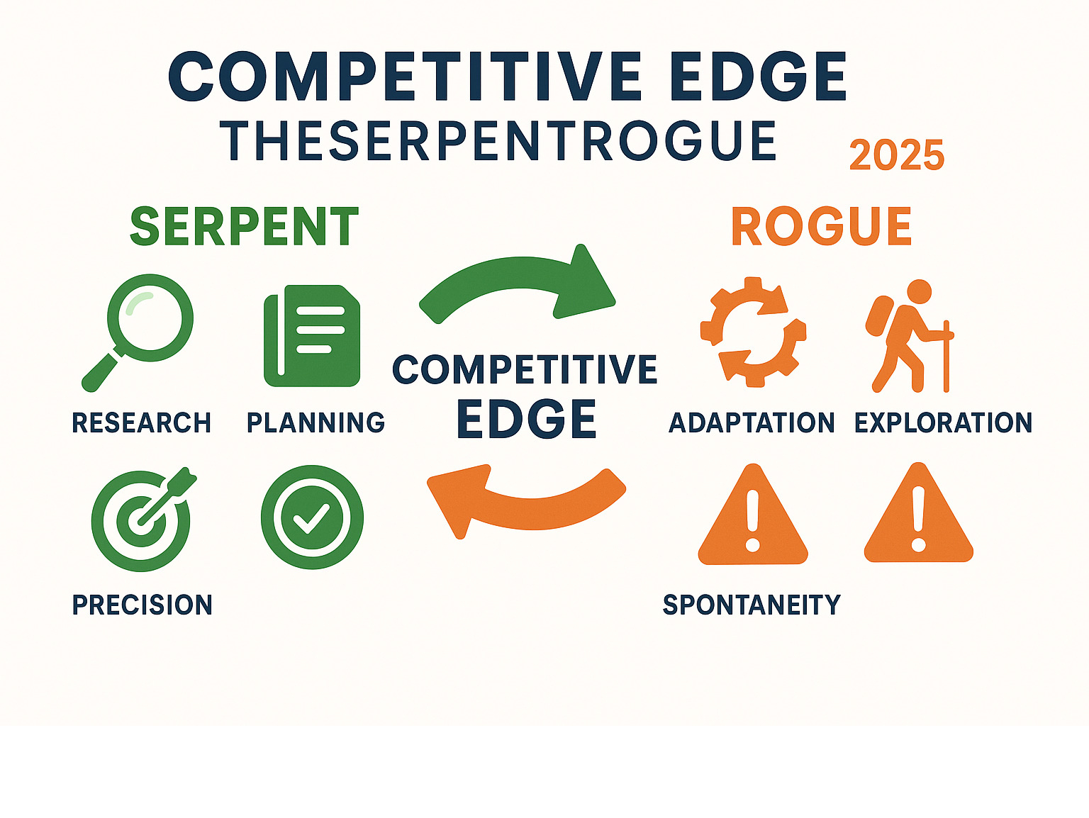 Infographic showing the Serpent approach with icons for research, planning, and precision on the left side, versus the Rogue approach with icons for adaptation, exploration, and spontaneity on the right side, with arrows showing how they work together for competitive edge in food travel - competitive edge theserpentrogue infographic 
