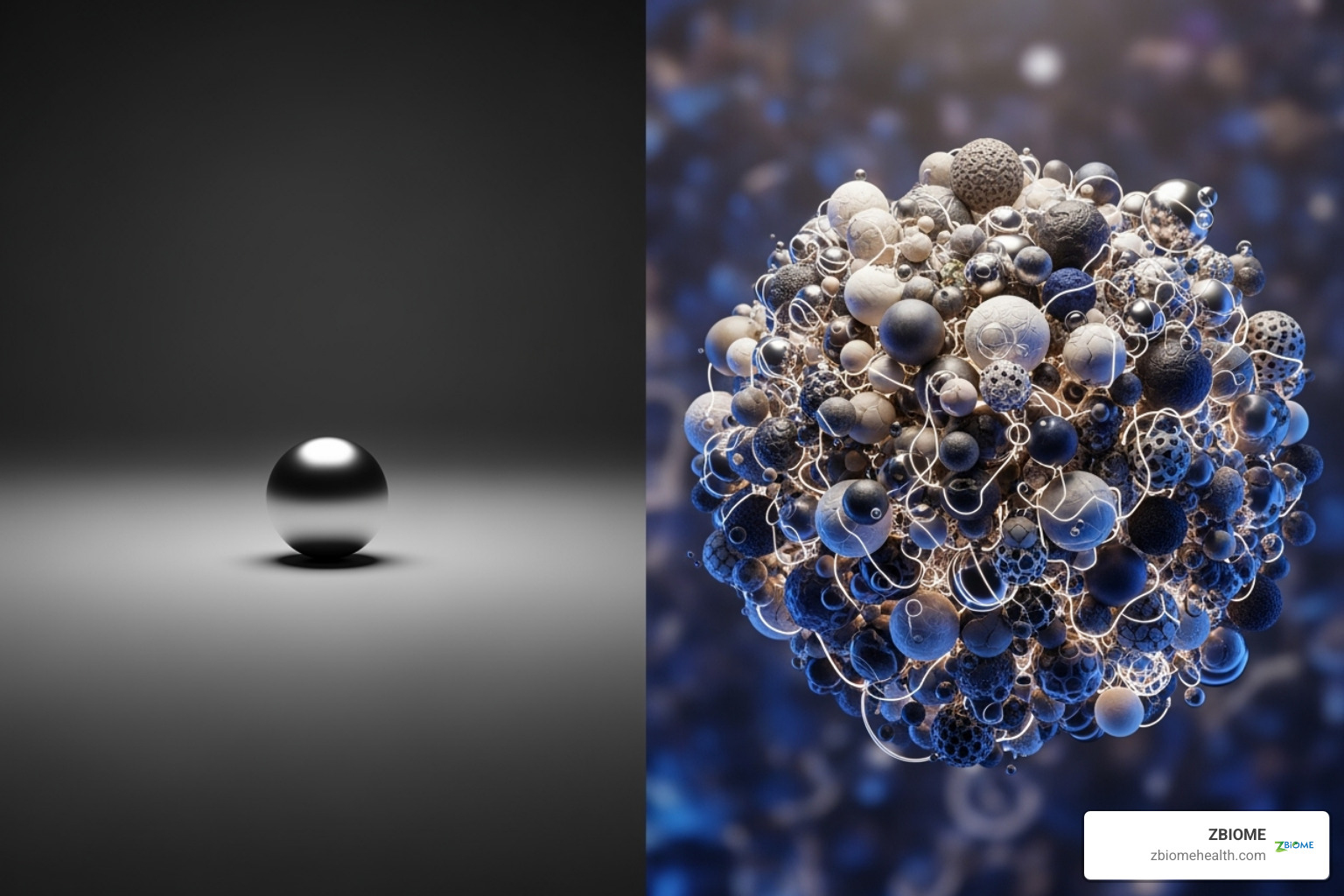 A simple graphic comparing a single-strain, low-CFU probiotic to a multi-strain, high-CFU one, illustrating the difference in complexity and potential impact - high potency probiotics