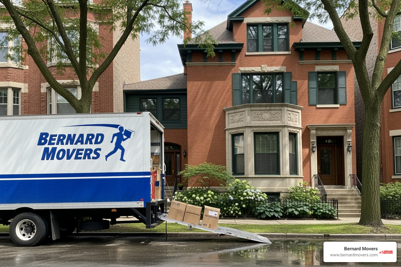 Bernard Movers truck in front of a Chicago-style home - how much money to save before moving out of state