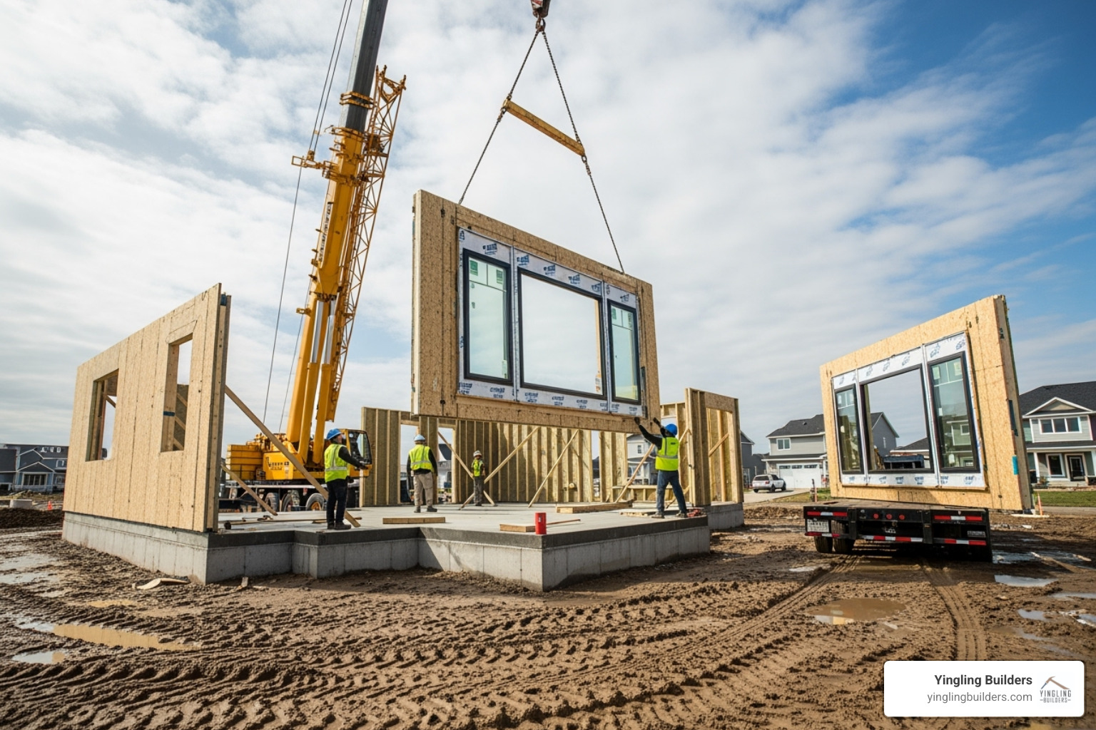 A Wausau Home being assembled on "Set Day" with panels being lifted into place by a crane - Wausau Homes models