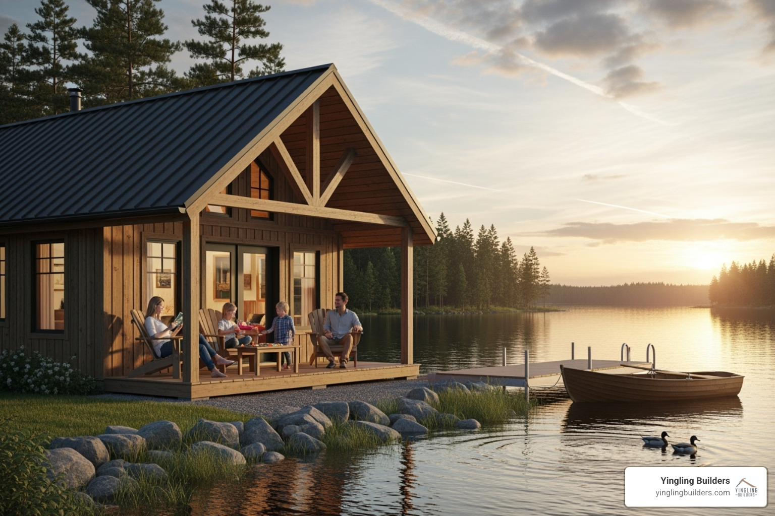 A rustic Wausau Homes vacation model nestled beside a calm lake with a family on the porch - Wausau Homes models