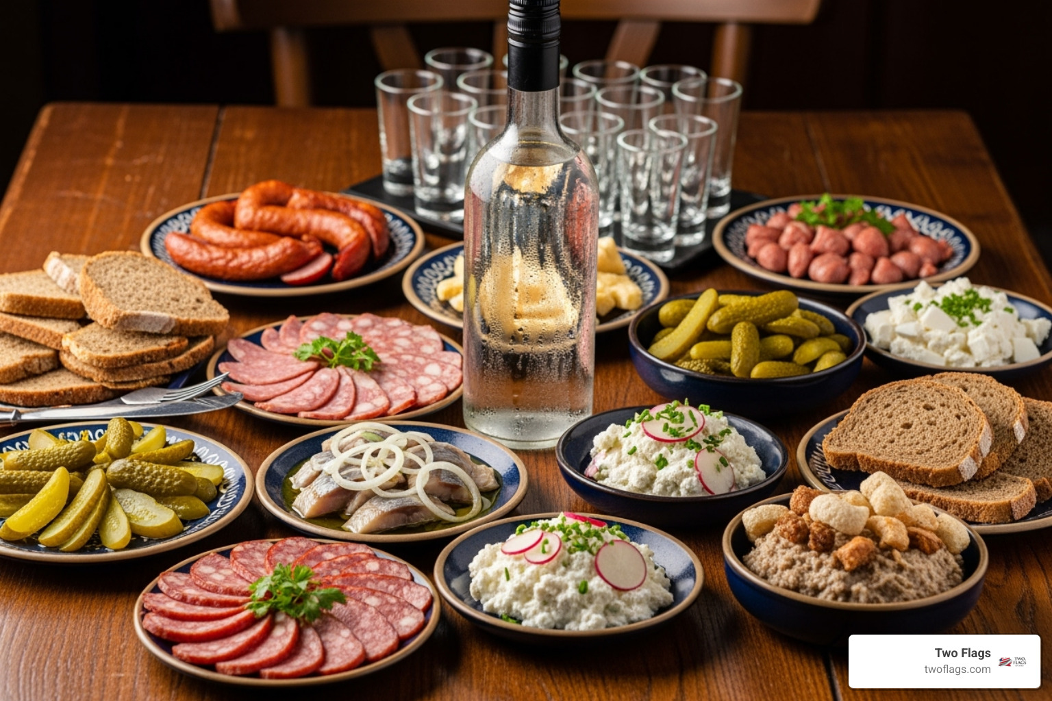 traditional Polish "zakąski" spread with chilled vodka - Best Polish vodka?