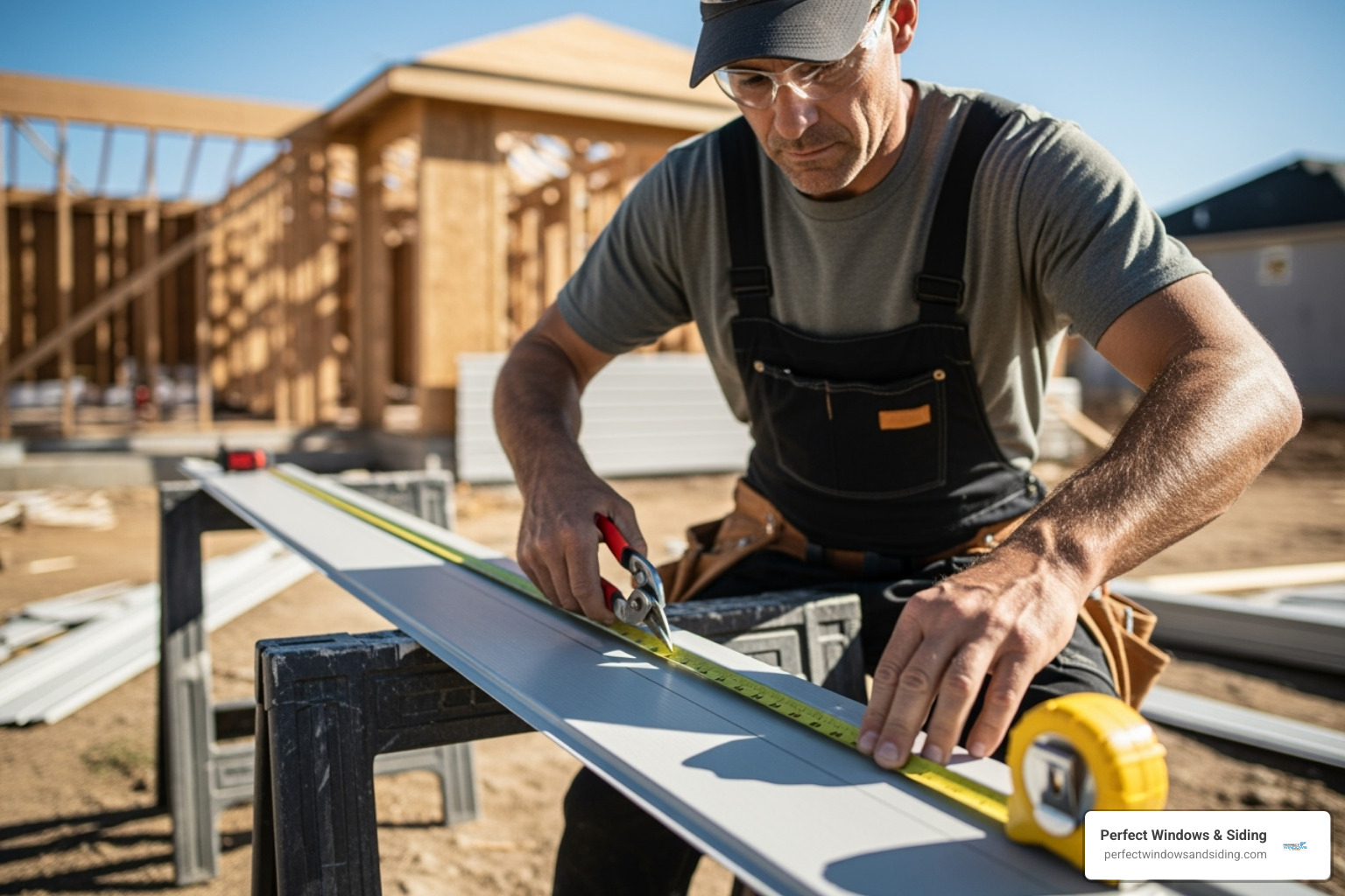 a contractor carefully measuring and cutting a vinyl siding panel - Siding Installation