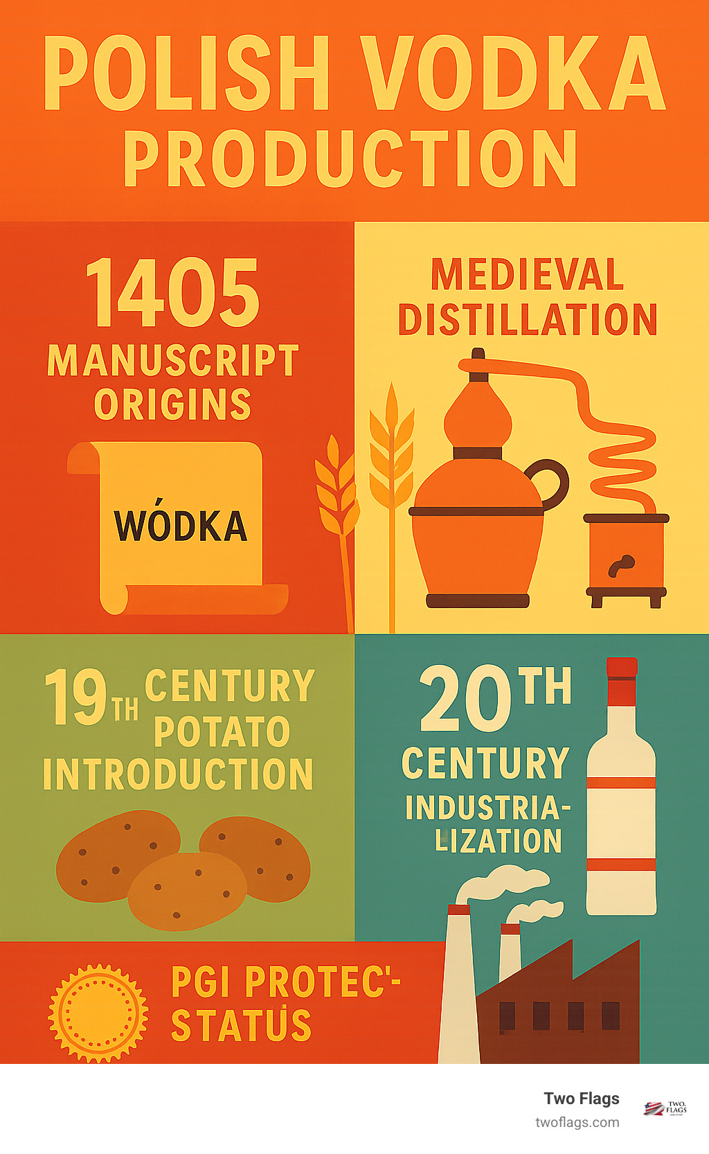 Infographic showing Polish vodka production timeline from 1405 manuscript origins through medieval distillation methods, 19th century potato introduction, 20th century industrialization, and modern PGI protection status with key milestones and traditional ingredients - Best Polish vodka? infographic 