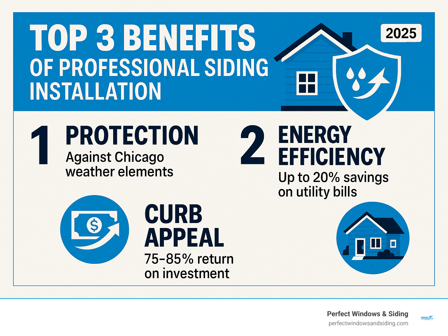 Comprehensive infographic showing the top 3 benefits of professional siding installation: improved protection against Chicago weather elements with moisture and wind resistance, improved energy efficiency with up to 20% savings on utility bills, and significant boost in curb appeal with 75-85% return on investment - Siding Installation infographic 