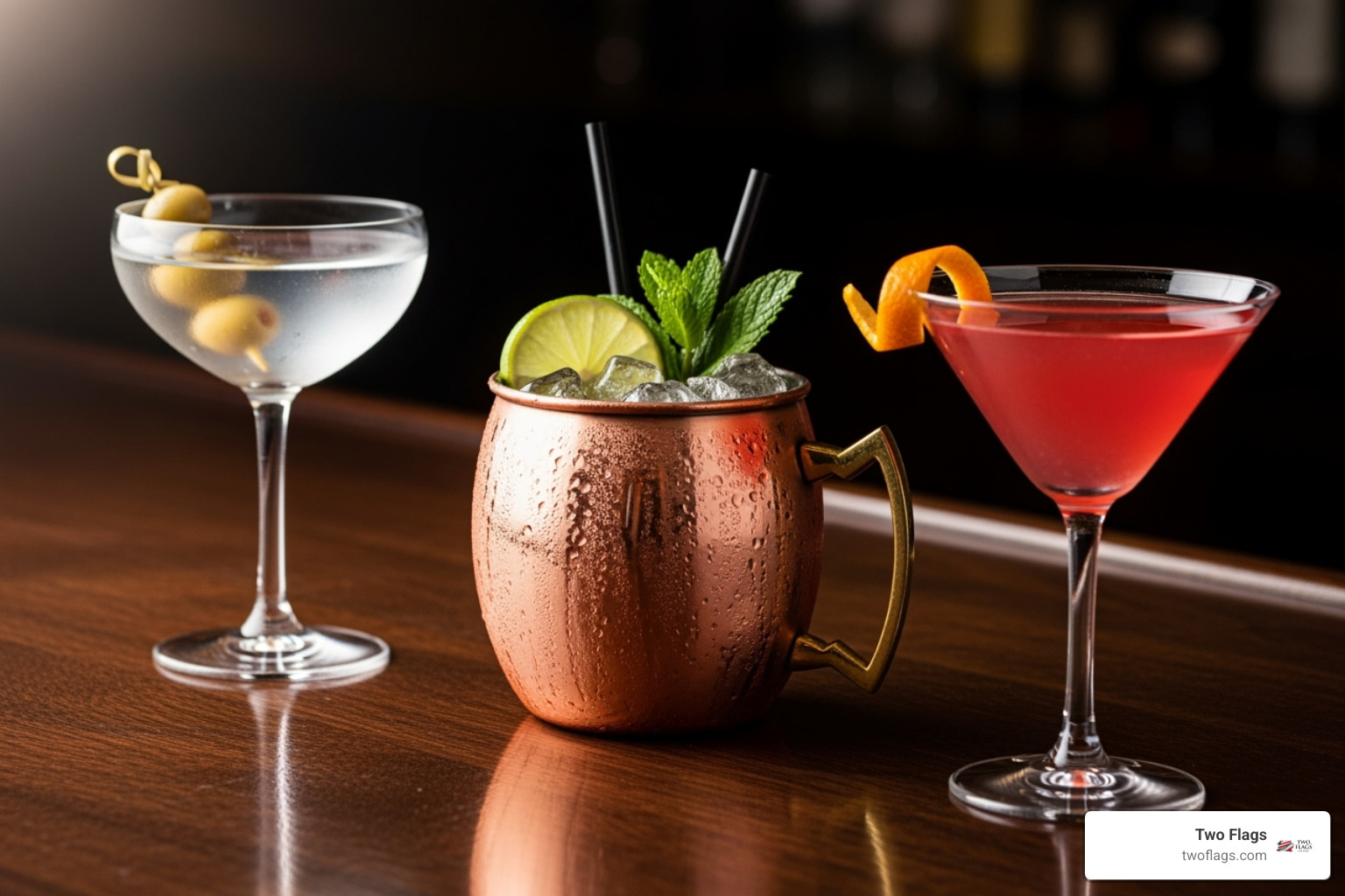 A lineup of different classic vodka cocktails: a Martini, a Moscow Mule, and a Cosmopolitan - Best vodka for cocktails?