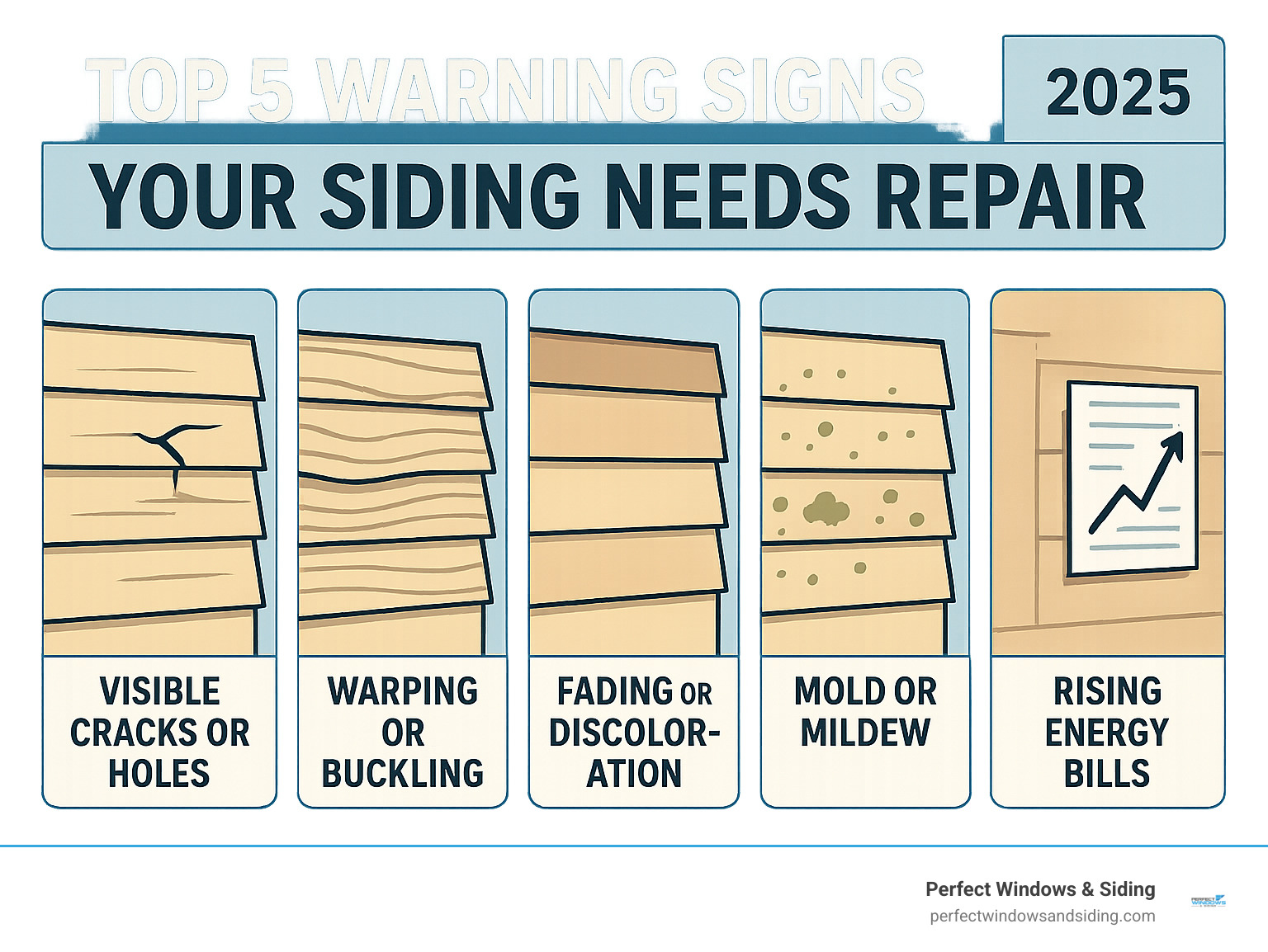 Comprehensive infographic showing the top 5 warning signs that indicate your siding needs professional repair services: visible cracks or holes, warping or buckling panels, fading or discoloration, mold or mildew growth, and rising energy bills due to poor insulation - siding repair services infographic 