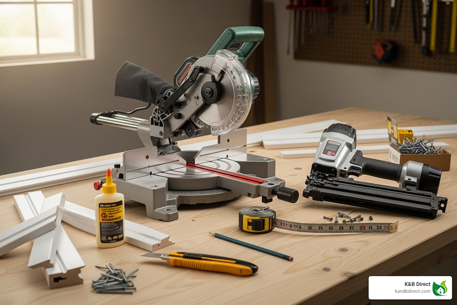 essential tools for trim installation like a miter saw, tape measure, and brad nailer - Cabinet trim installation