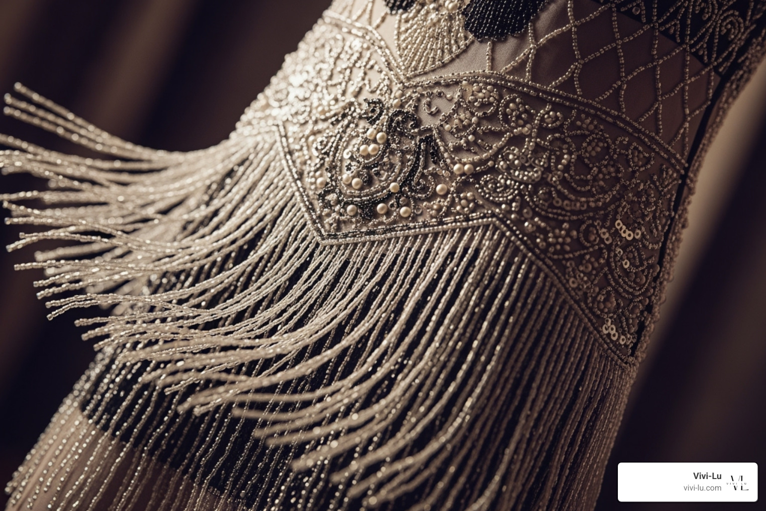 close up of a 1920s dress with intricate beading and fringe details - roaring 20s outfits for ladies