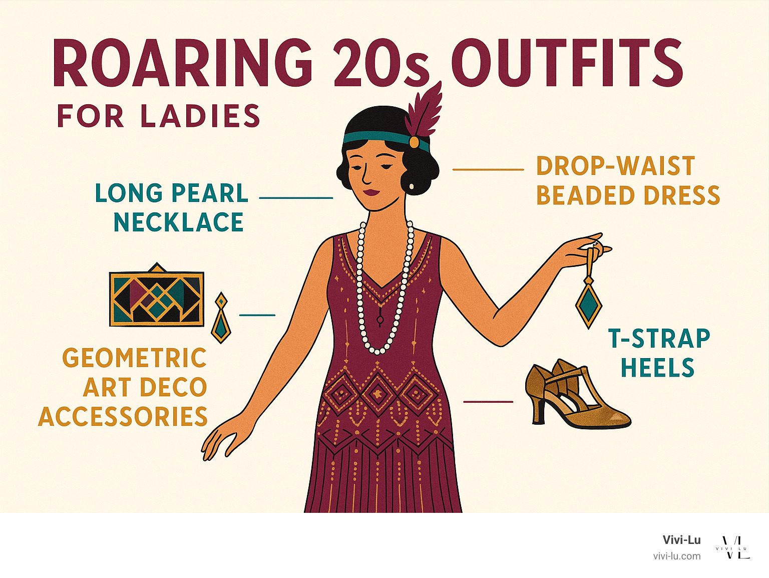 Infographic showing the essential elements of a 1920s flapper outfit including drop-waist beaded dress, long pearl necklace, feathered headband, T-strap heels, and geometric Art Deco accessories with color palette of jewel tones and metallics - roaring 20s outfits for ladies infographic 