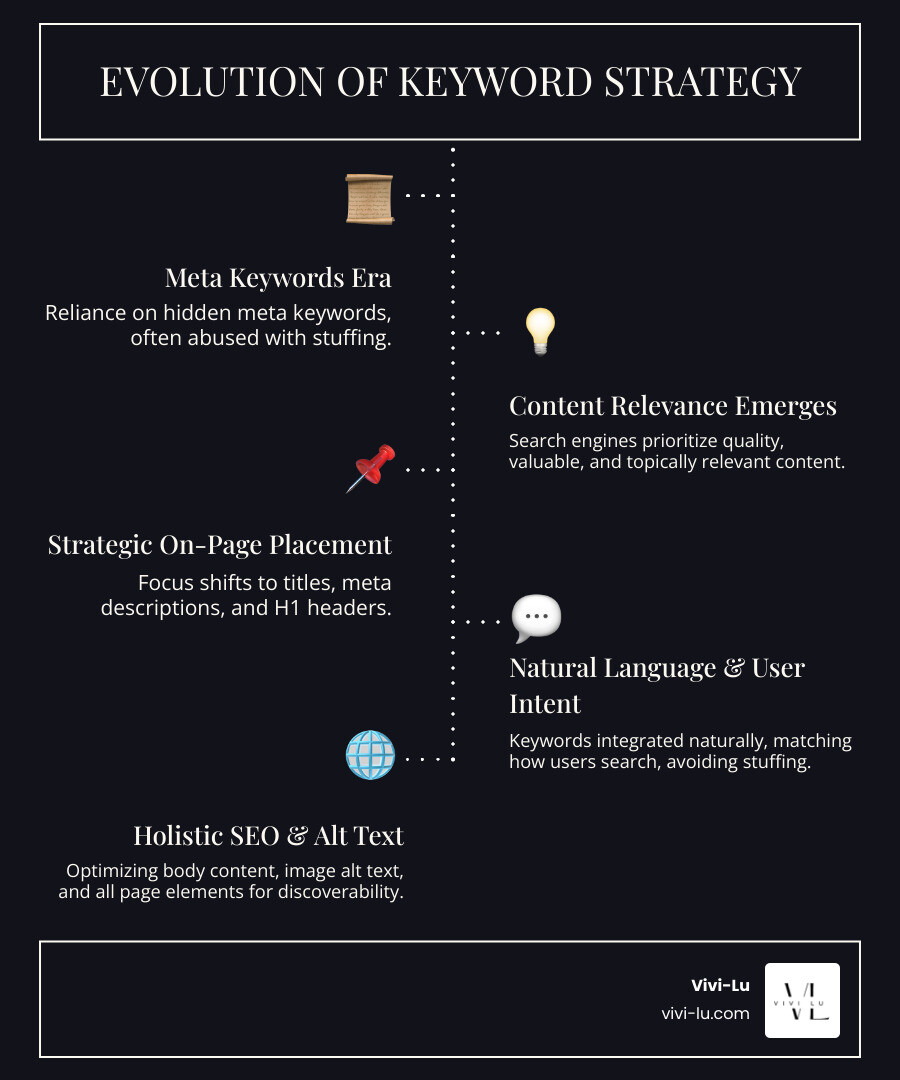 Infographic showing the evolution from traditional meta keyword tags to modern strategic keyword placement across page titles, meta descriptions, H1 headers, body content, and image alt text, with emphasis on natural language integration and user intent matching - Manually Added Keywords infographic infographic-line-5-steps-dark Infographic showing the evolution from traditional meta keyword tags to modern strategic keyword placement across page titles, meta descriptions, H1 headers, body content, and image alt text, with emphasis on natural language integration and user intent matching - Manually Added Keywords infographic infographic-line-5-steps-dark