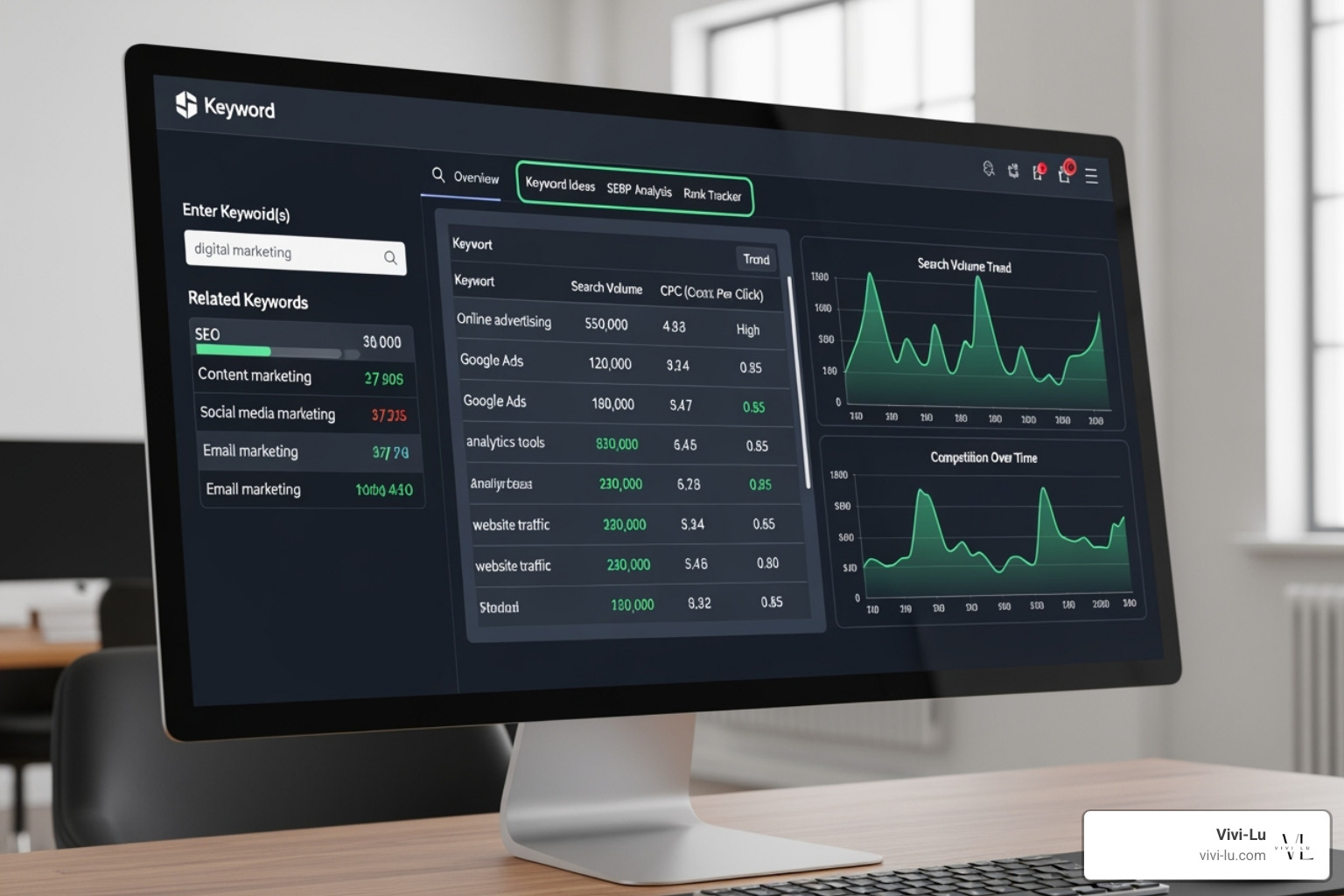Image of a keyword research tool interface showing search volume and competition. - Manually Added Keywords Image of a keyword research tool interface showing search volume and competition. - Manually Added Keywords