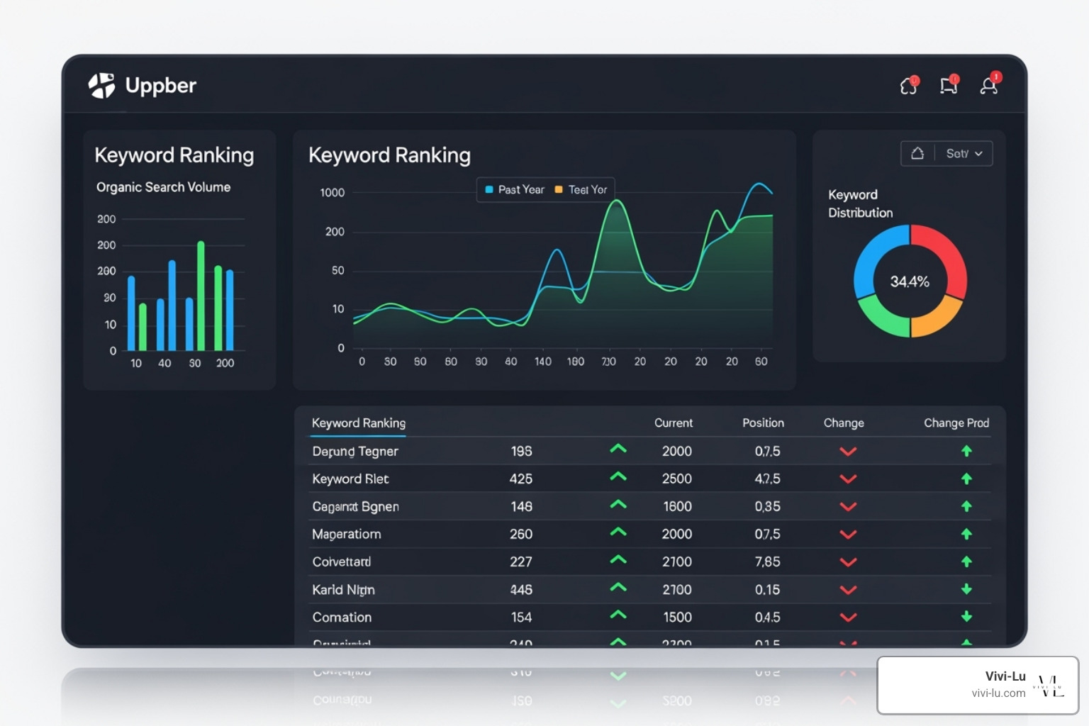 Image of a keyword rank tracking dashboard showing position changes over time. - Manually Added Keywords Image of a keyword rank tracking dashboard showing position changes over time. - Manually Added Keywords