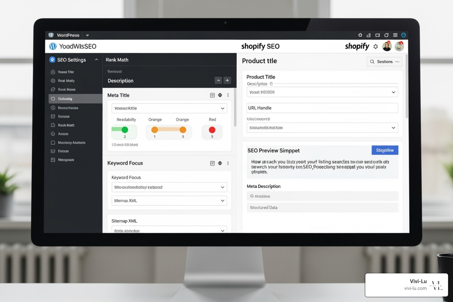 Image showing a split screen of WordPress and Shopify SEO settings dashboards. - Manually Added Keywords Image showing a split screen of WordPress and Shopify SEO settings dashboards. - Manually Added Keywords