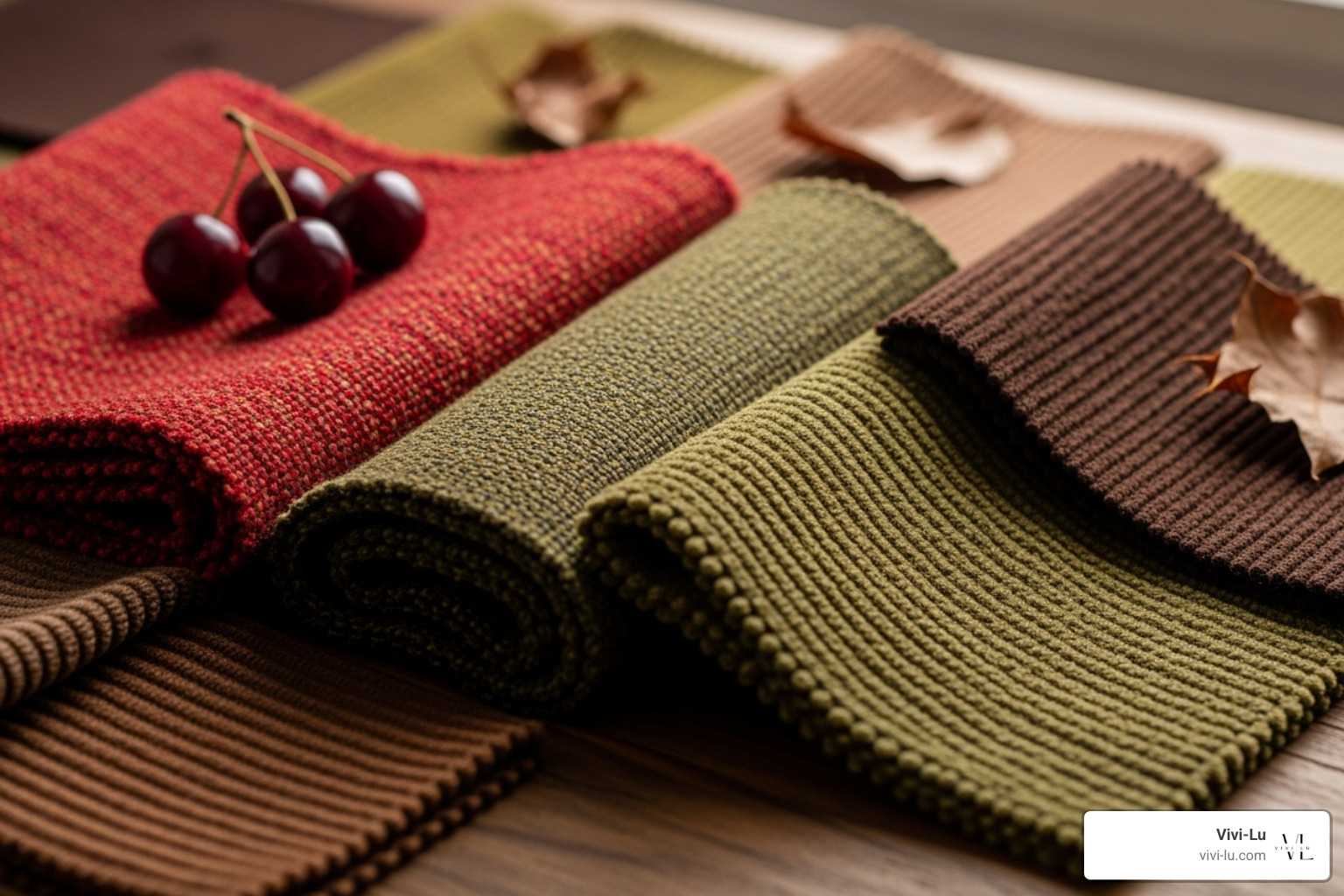 fabric swatches in AW25 colors like cherry red, olive green, and chocolate brown - autumn outfits for ladies 2025