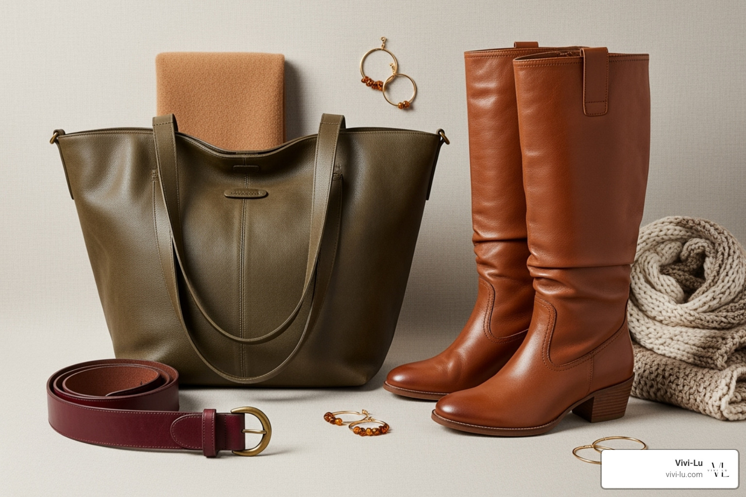 collection of AW25 accessories like a slouchy bag, statement boots, and a wide belt - autumn outfits for ladies 2025
