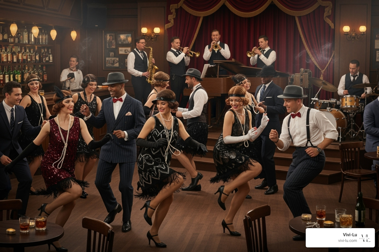 people dancing the Charleston in a speakeasy - roaring 20s women's fashion