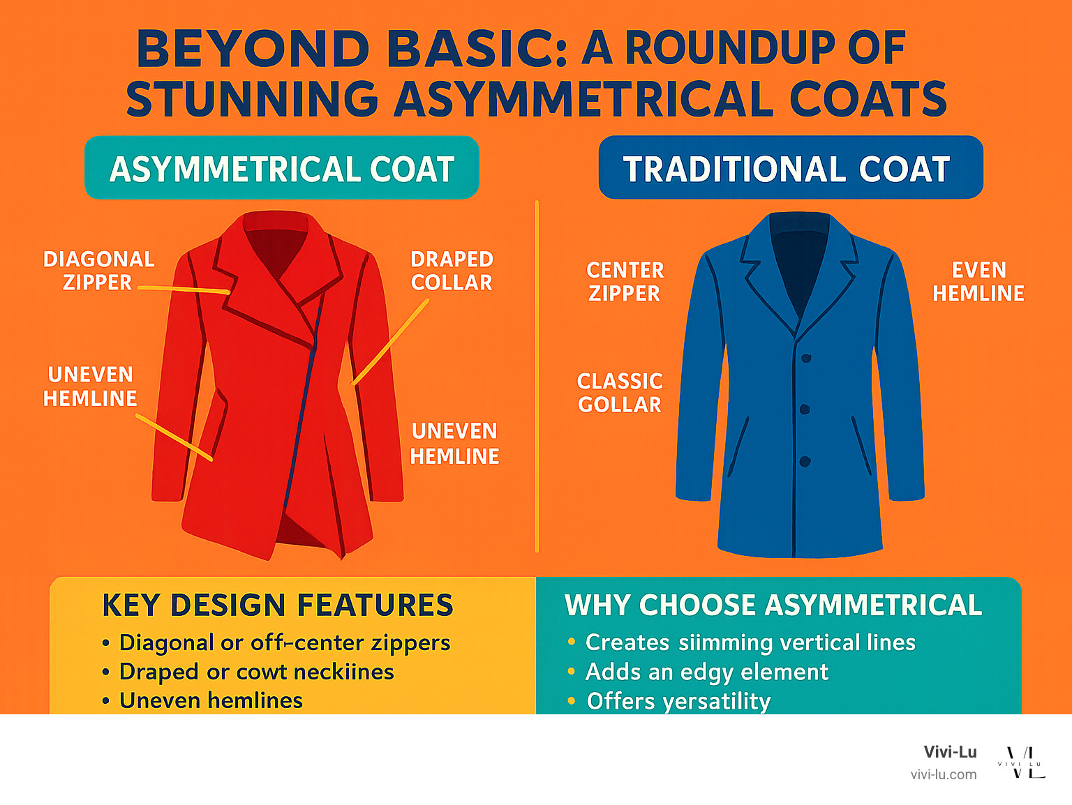 Infographic showing side-by-side comparison of asymmetrical coat features versus traditional coat design, highlighting diagonal zippers, draped collars, uneven hemlines, and slimming vertical lines - asymmetrical coat infographic 