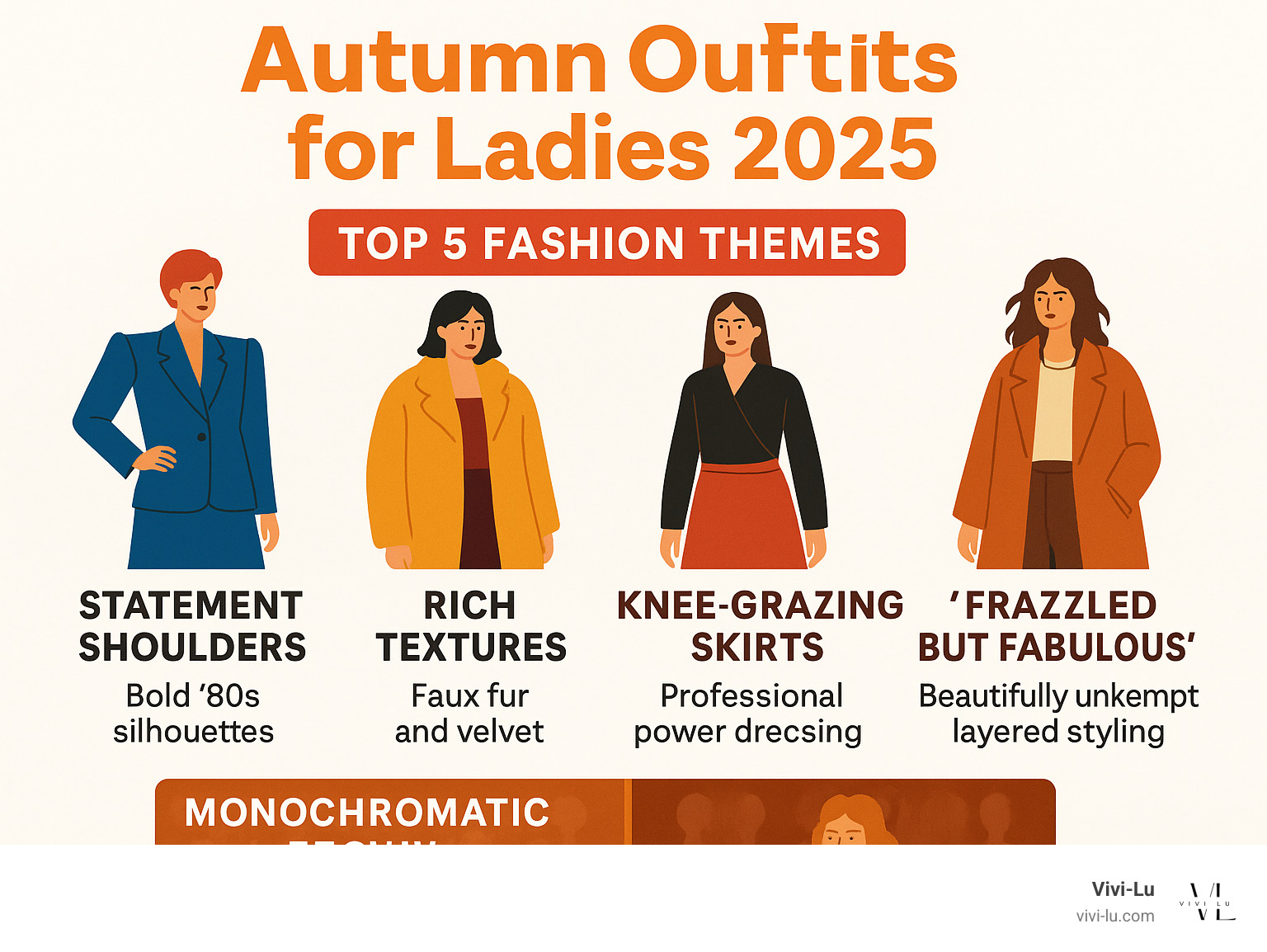 Infographic showing the top 5 autumn 2025 fashion themes: Statement Shoulders with bold 80s silhouettes, Rich Textures featuring faux fur and velvet, Knee-Grazing Skirts for professional power dressing, Monochromatic Brown for sophisticated head-to-toe looks, and Frazzled but Fabulous for beautifully unkempt layered styling - autumn outfits for ladies 2025 infographic 